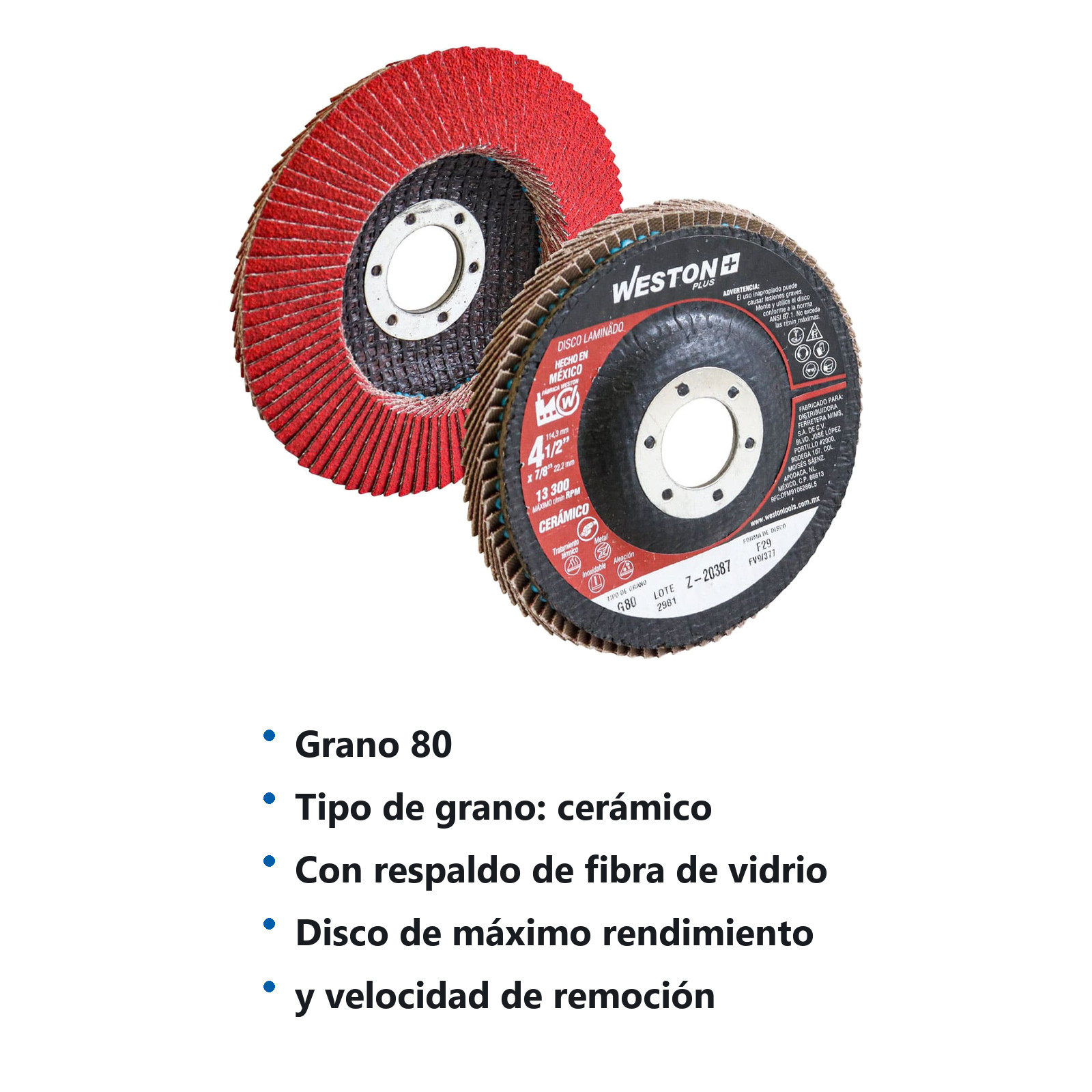 DISCO LAMINADO CERAMICO CON RESPALDO DE FIBRA DE VIDRIO 4-1/2" G80  ALTA DENSIDAD - Imagen 3