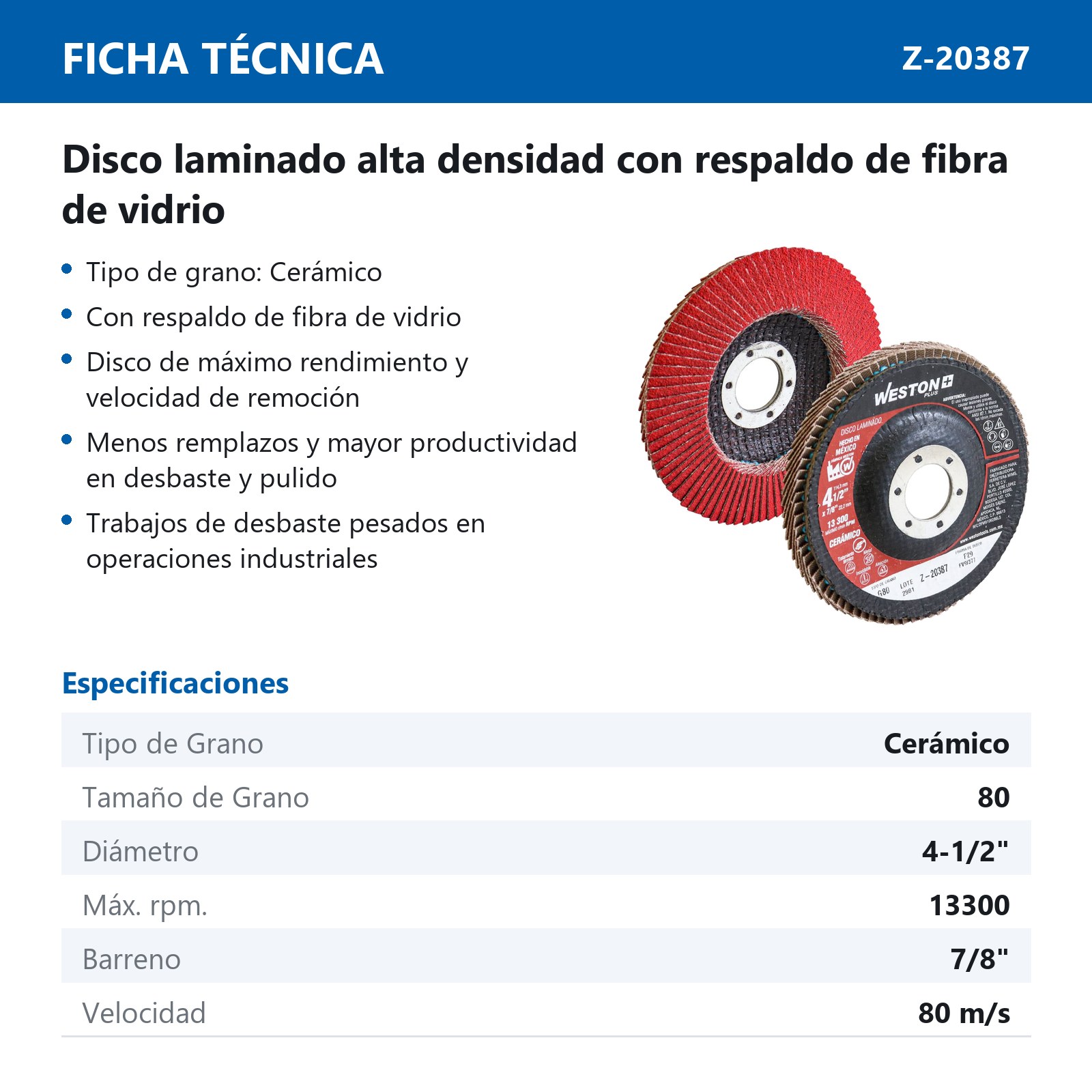 DISCO LAMINADO CERAMICO CON RESPALDO DE FIBRA DE VIDRIO 4-1/2" G80  ALTA DENSIDAD - Imagen 3