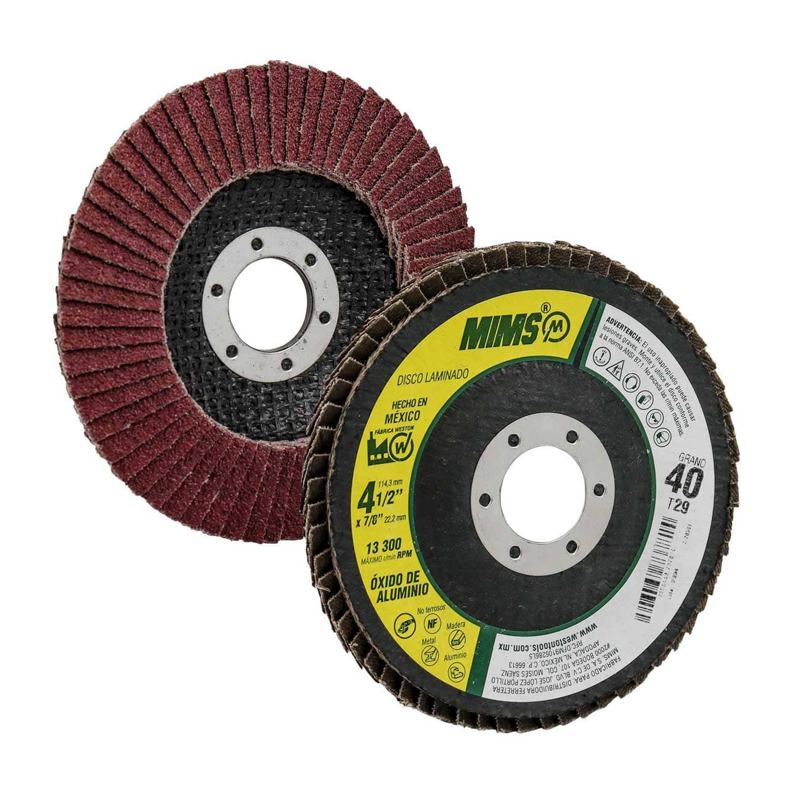 Disco Laminado MIMS Óxido de Aluminio 4-1/2" x 7/8" Grano 40 Tipo 29