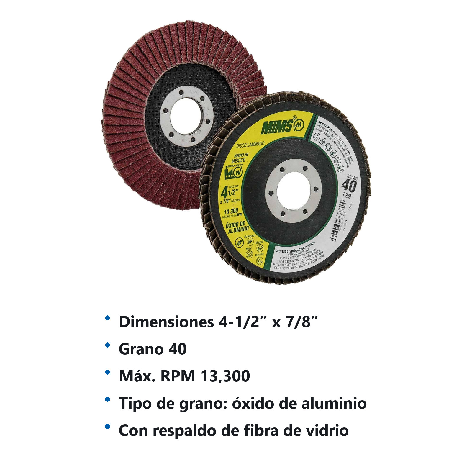 DISCO LAMINADO MIMS OXIDO DE ALUMINIO 4-1/2" X 7/8" G40 T29 (Precio x pieza - Empaque c/10 pzas) - Imagen 4
