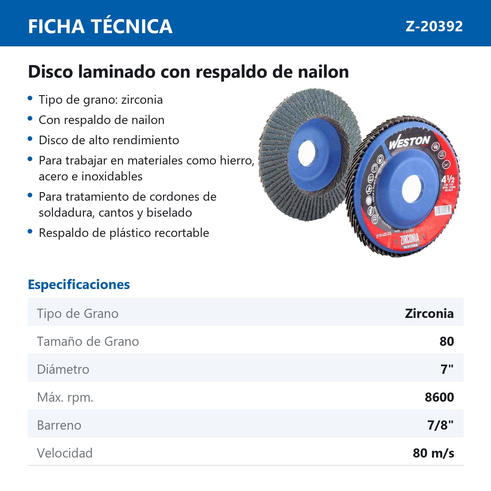 DISCO LAM.ZIRC.C/NYLON  7" X7/8"Z80 (Precio x pieza - Empaque c/10 pzas) - Imagen 3