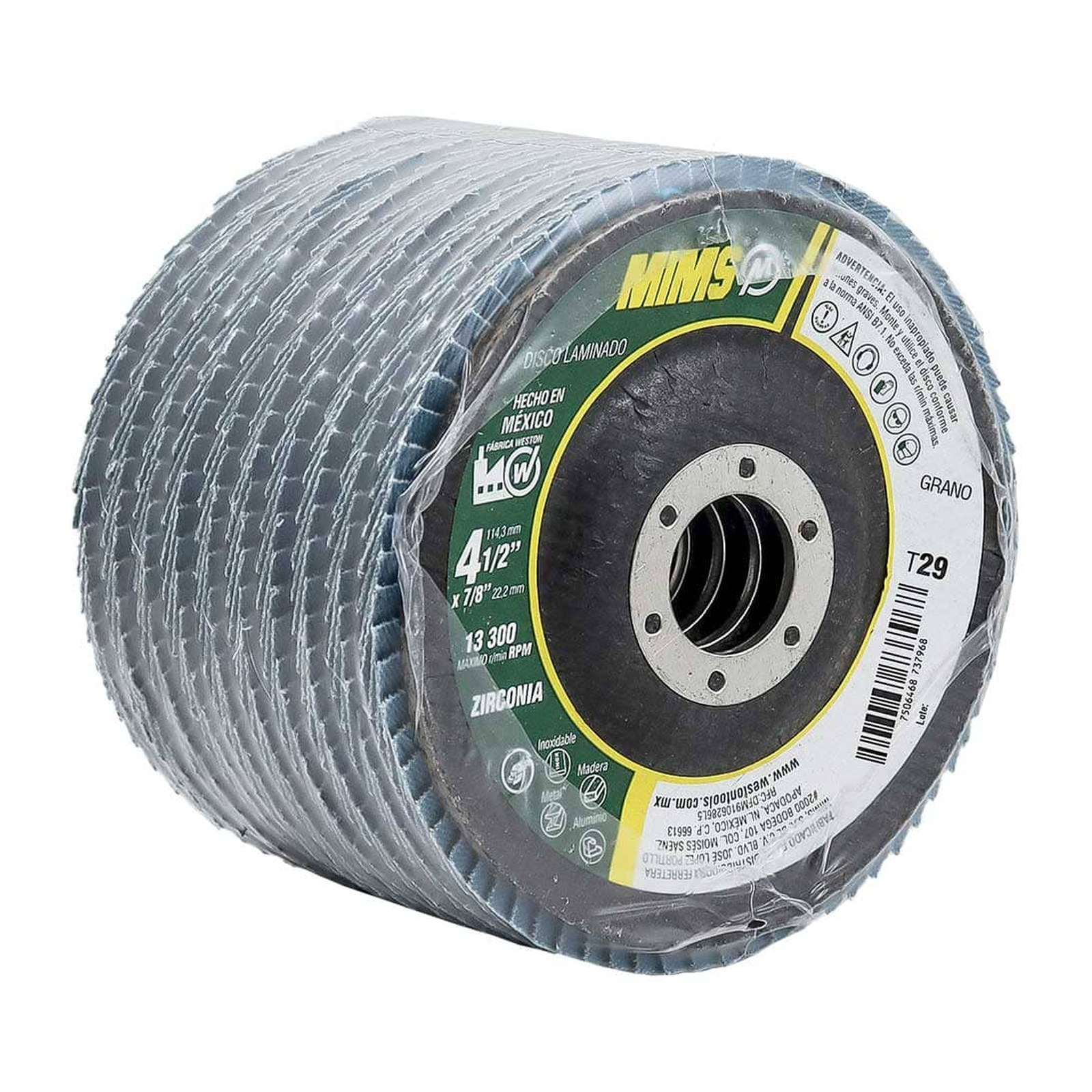 DISCO LAMINADO ZIRCONIA MIMS (Z120) 4-1/2" X 7/8" T29 (Precio x pieza - Empaque c/10 pzas) - Imagen 2