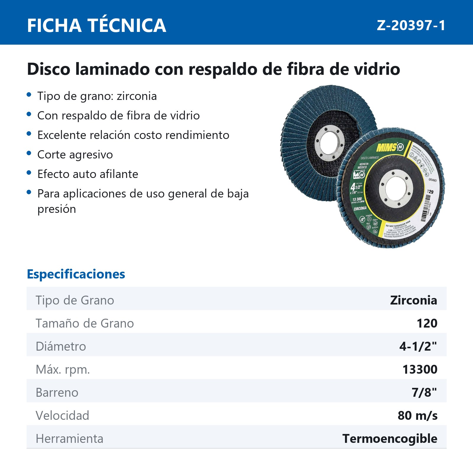 DISCO LAMINADO ZIRCONIA MIMS (Z120) 4-1/2" X 7/8" T29 (Precio x pieza - Empaque c/10 pzas) - Imagen 3