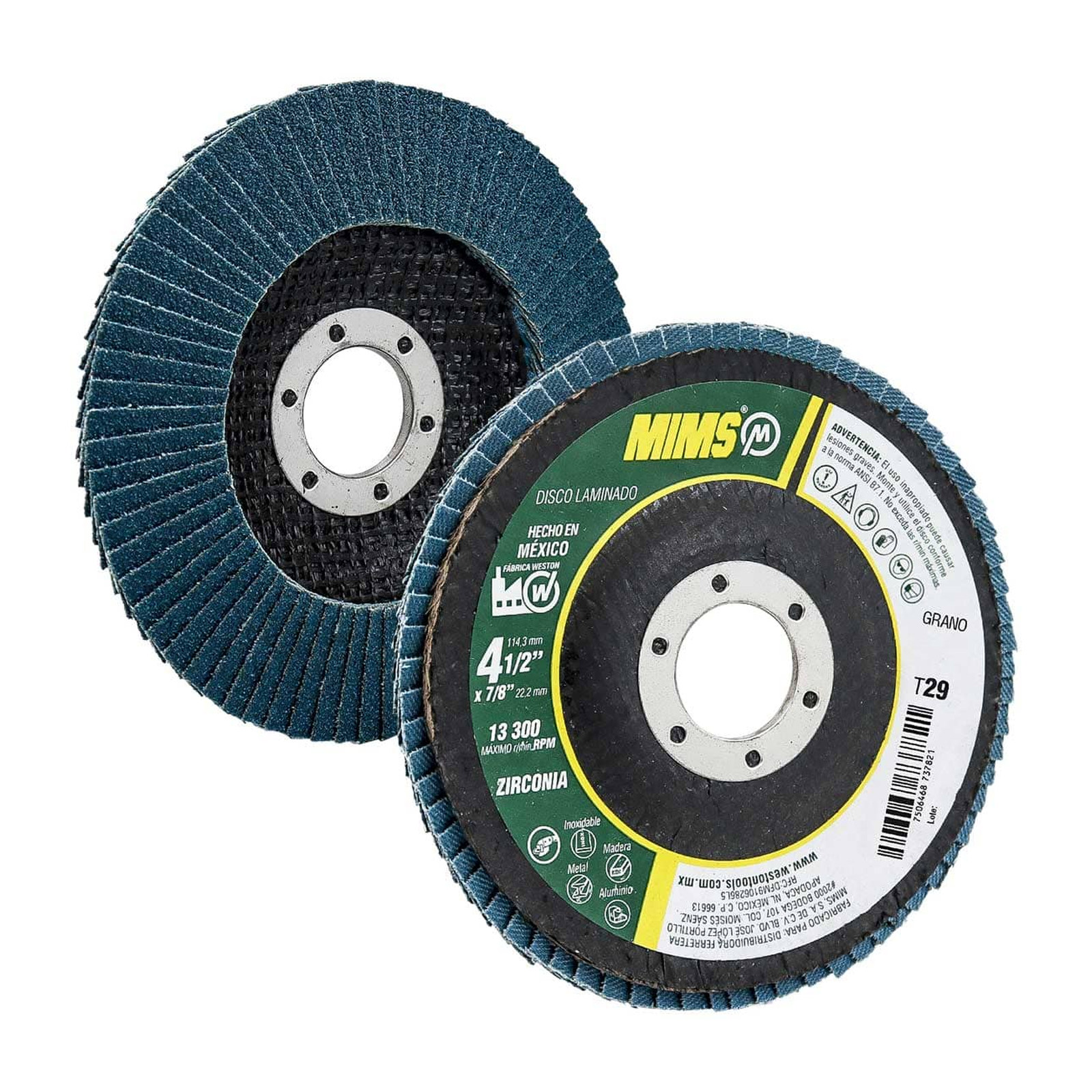 Disco Laminado de Zirconia MIMS Grano 80 4-1/2" x 7/8" Tipo 29