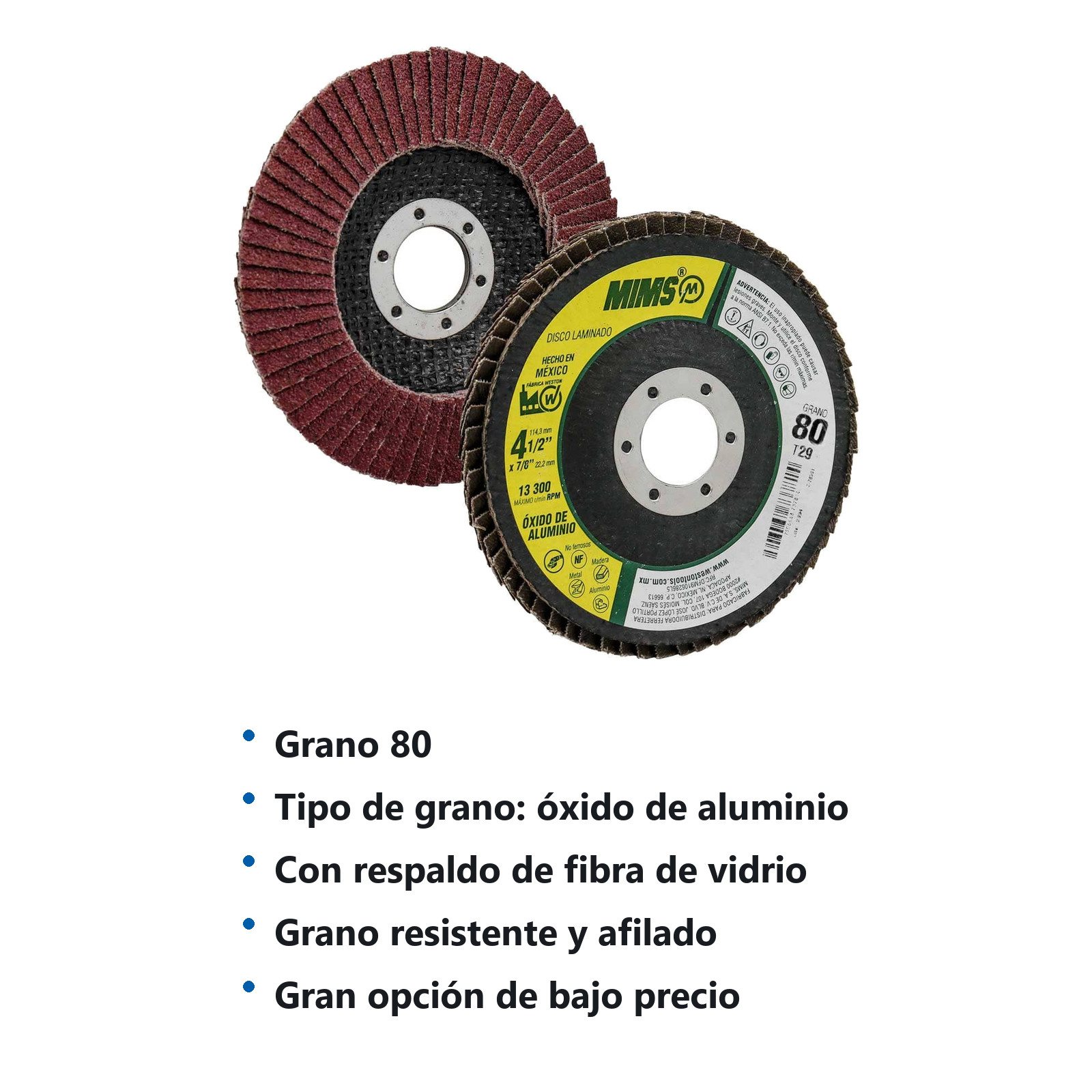 DISCO LAMINADO MIMS OXIDO DE ALUMINIO 4-1/2" X 7/8" G80 T29 (Precio x pieza - Empaque c/10 pzas) - Imagen 4