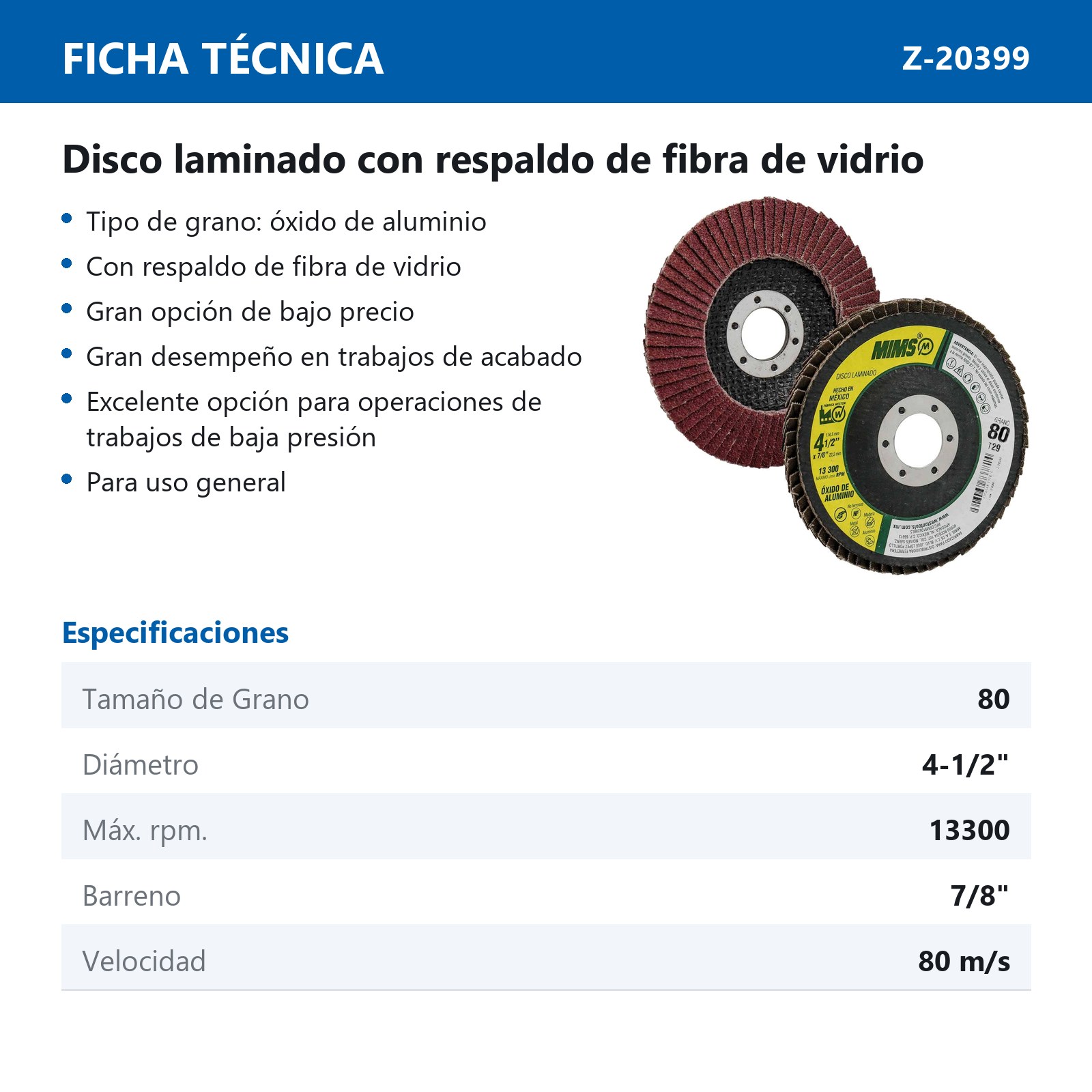 DISCO LAMINADO MIMS OXIDO DE ALUMINIO 4-1/2" X 7/8" G80 T29 (Precio x pieza - Empaque c/10 pzas) - Imagen 4