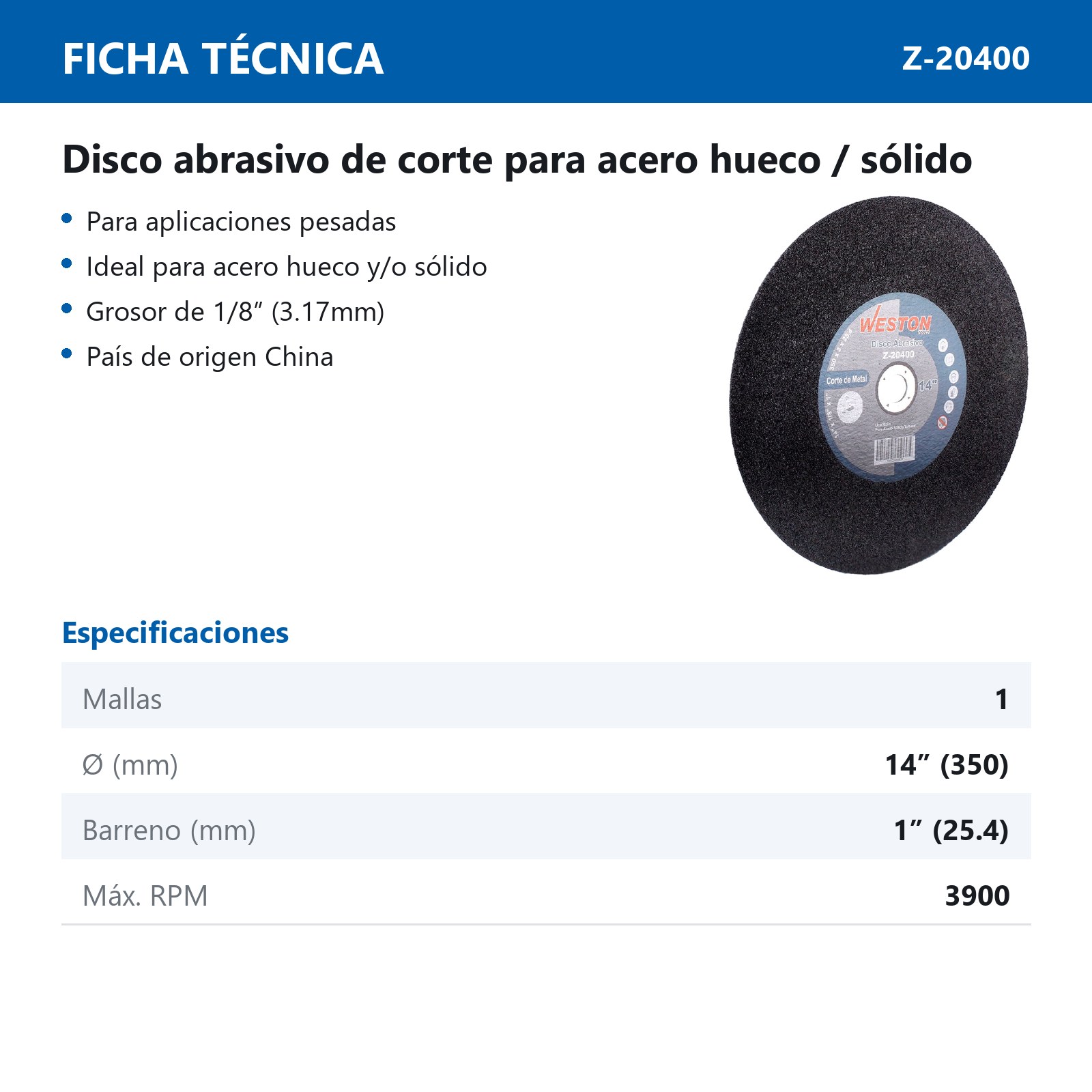 DISCO ABRASIVO 14" X 1/8" X 1" UNA MALLA (Emp. c/5 Pzas - Precio x Pza) - Imagen 3