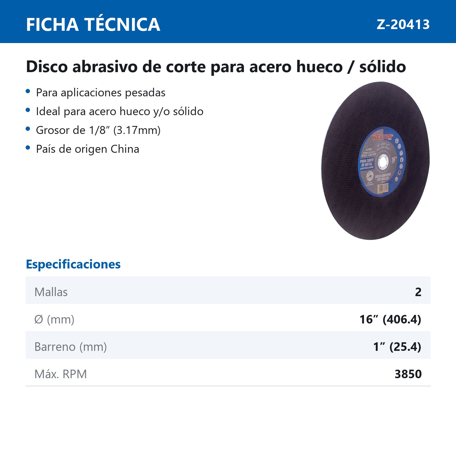 DISCO ABRASIVO 16" X 1/8" X 1" DOBLE MALLA (Emp. c/5 Pzas - Precio x Pza) - Imagen 3