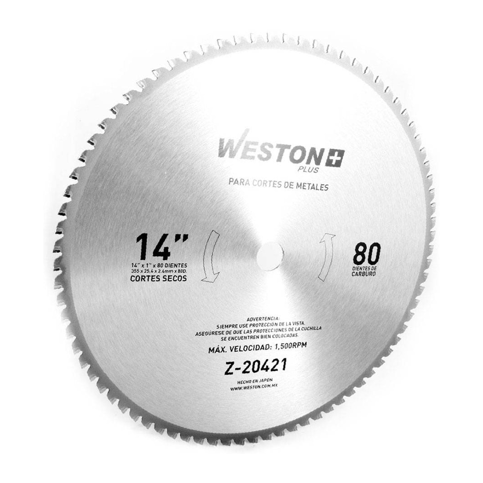 Disco de Carburo para Sierra 14" x 80 Dientes Corte Metal en Seco Weston Plus