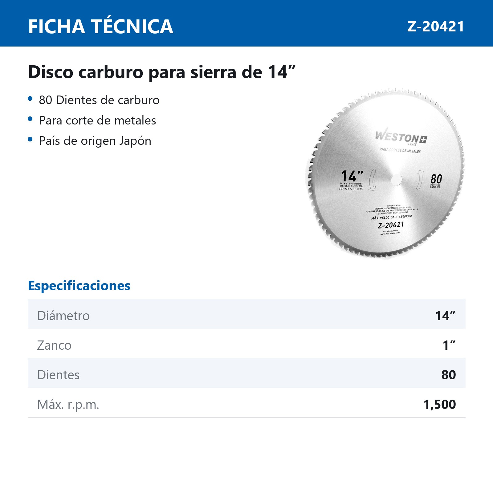 DISCO CARBURO P/SIERRA 14" X 80D CORTE METAL SECO - Imagen 2