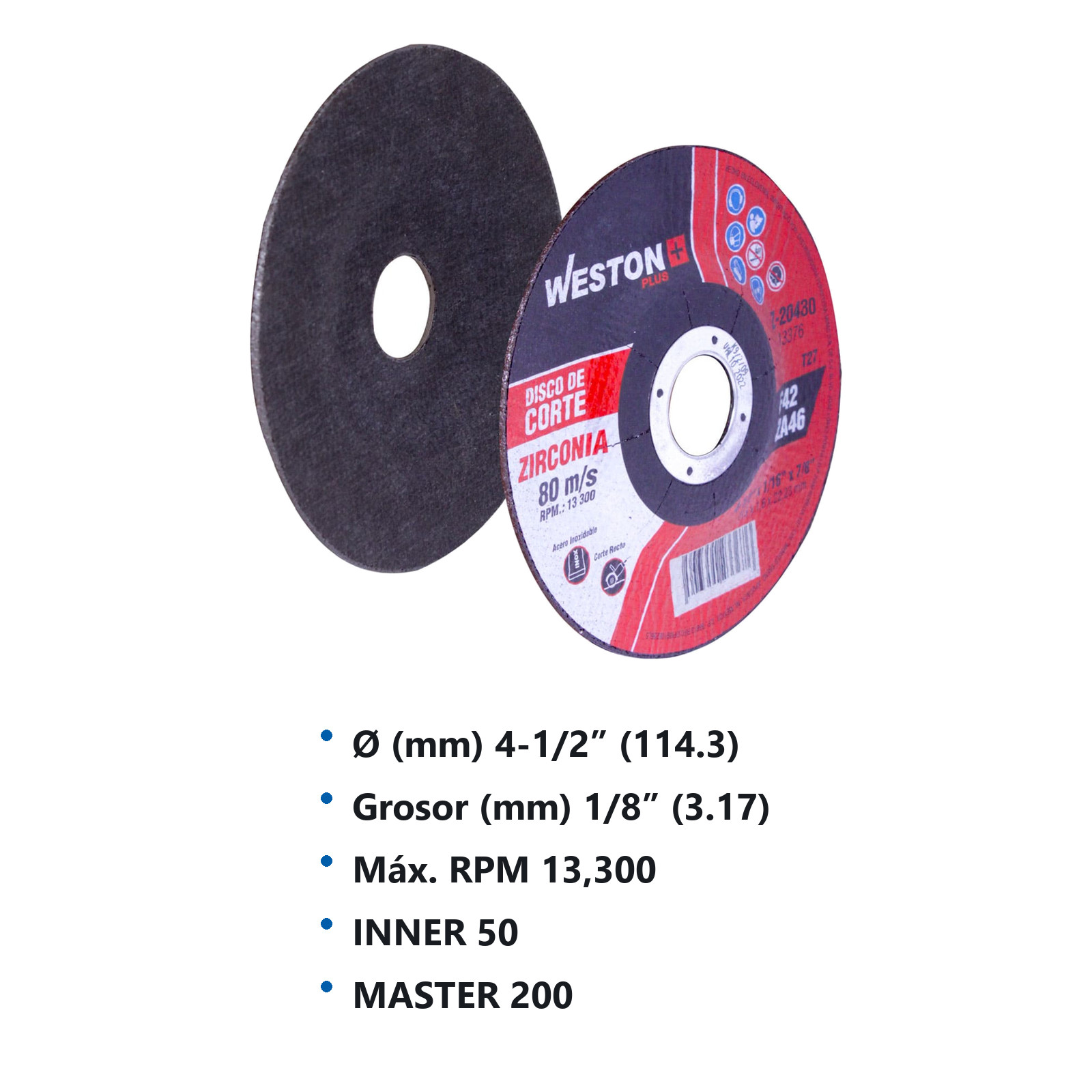 DISCO D/CORTE P/INOX. D/ZIRCONIO 4-1/2" x 1/8"(3.17) x 7/8" F42 (Emp. c/10 Pzas - Precio x Pza) - Imagen 3