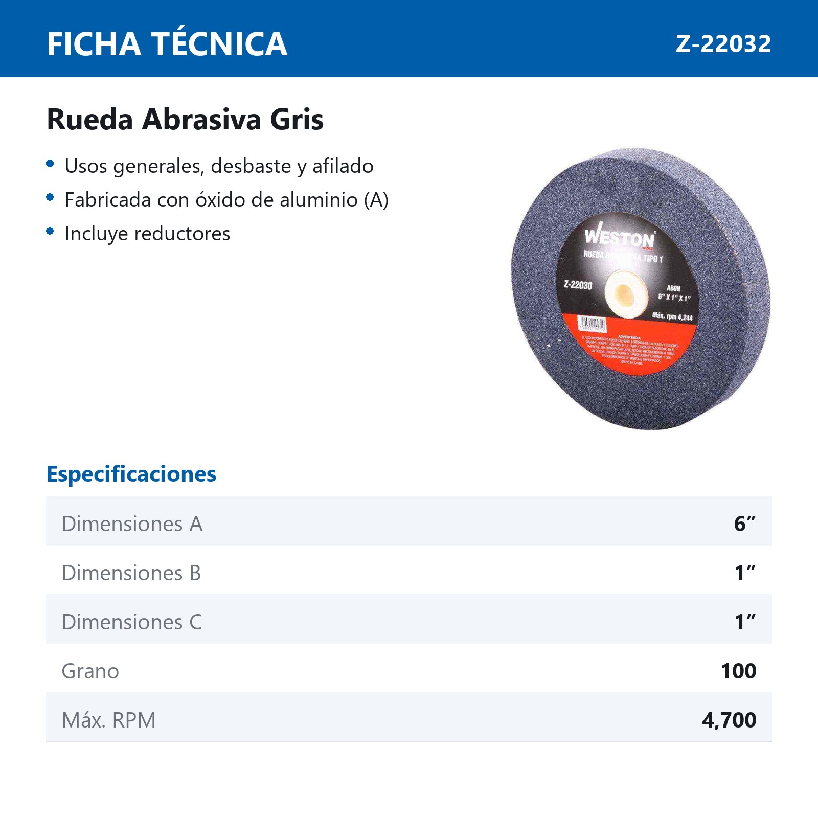 RUEDA ABRASIVA GRIS TIPO 1 6" X 1" X 1" A100 - Imagen 2