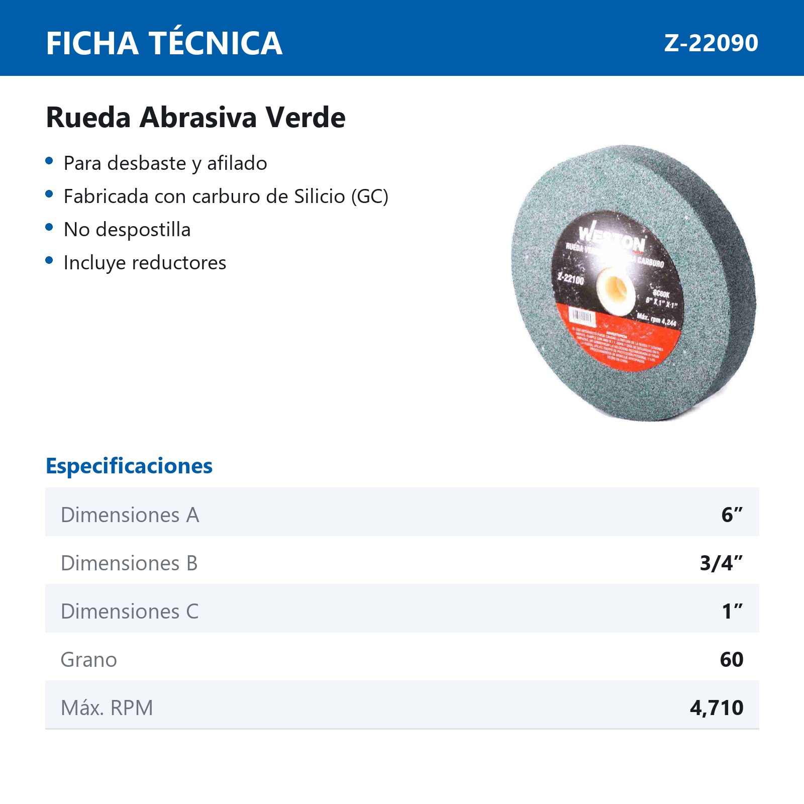 RUEDA ABRASIVA VERDE TIPO 1 6" X 3/4" X 1" GC60 - Imagen 2