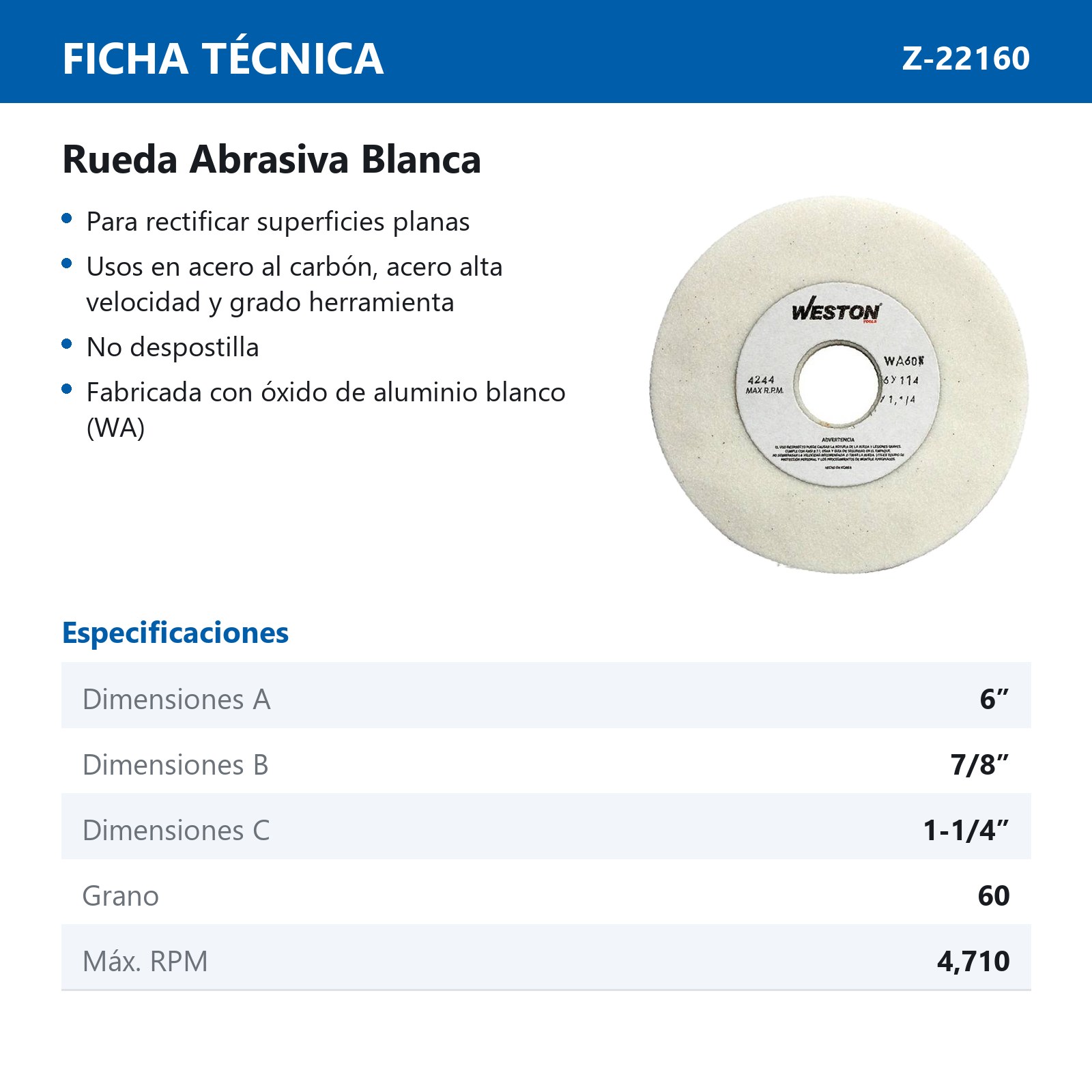 RUEDA BLANCA TIPO 1 6" X 7/8" X 1-1/4" WA60 - Imagen 2