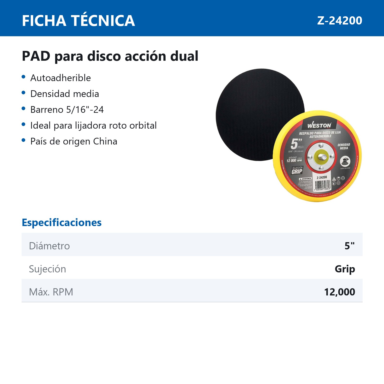PAD ACCION DUAL 5" GRIP ENT. 5/16"-24 - Imagen 2
