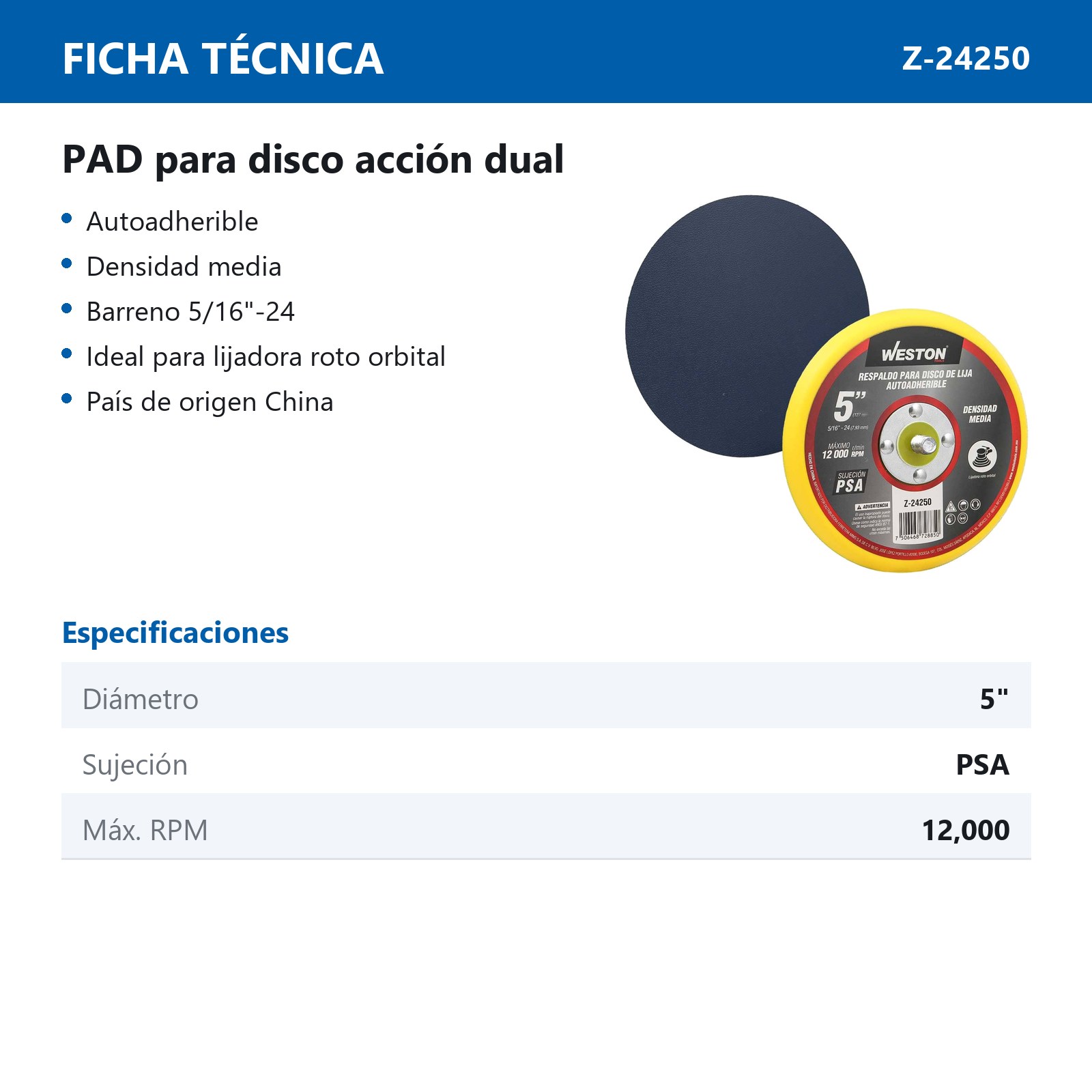 PAD ACCION DUAL 5" PSA ENT. 5/16"-24 - Imagen 2