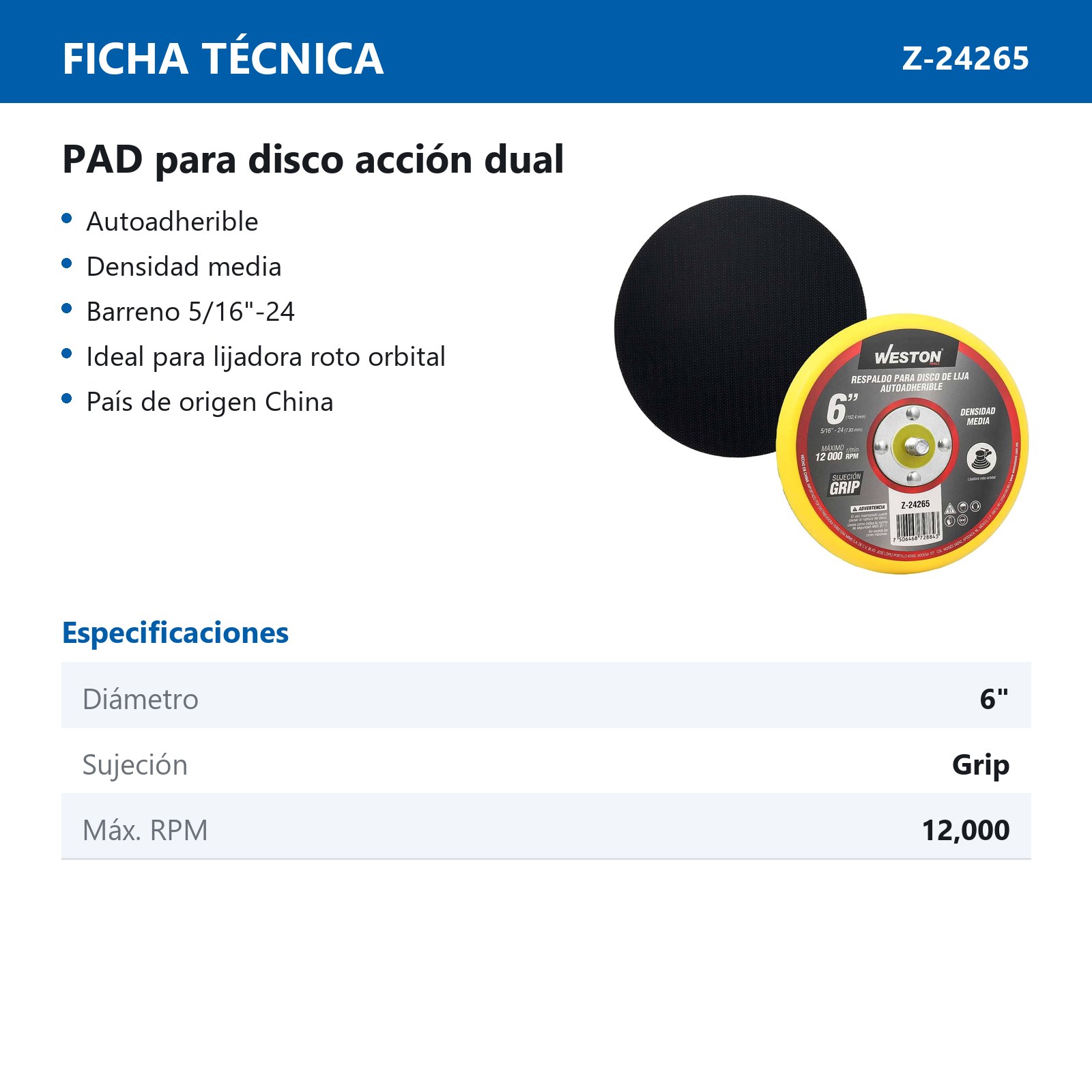 PAD ACCION DUAL 6" GRIP ENT. 5/16"-24 - Imagen 2