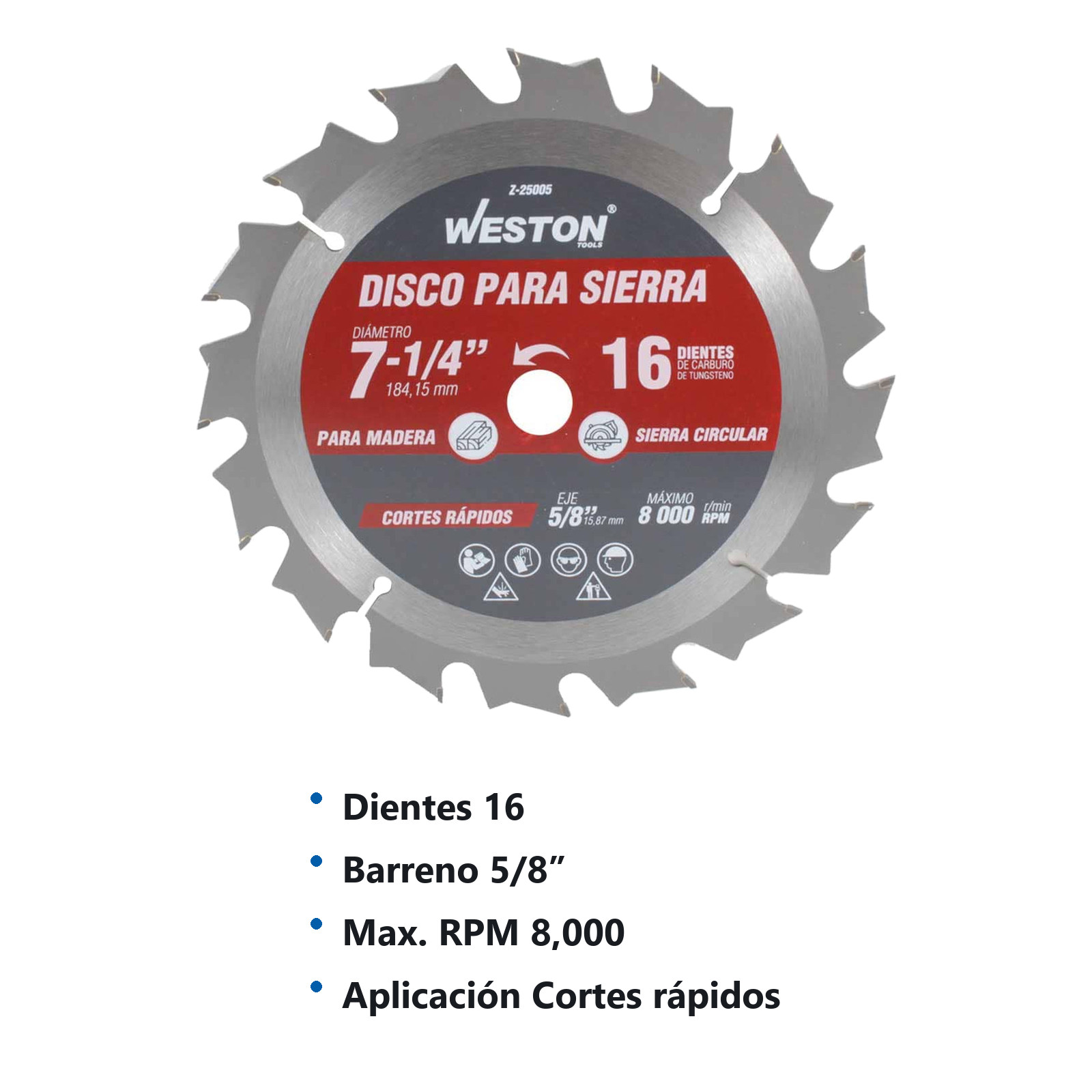 DISCO PARA SIERRA CIRCULAR P/MADERA 7-1/4'' X 5/8'' 16DT - Imagen 4