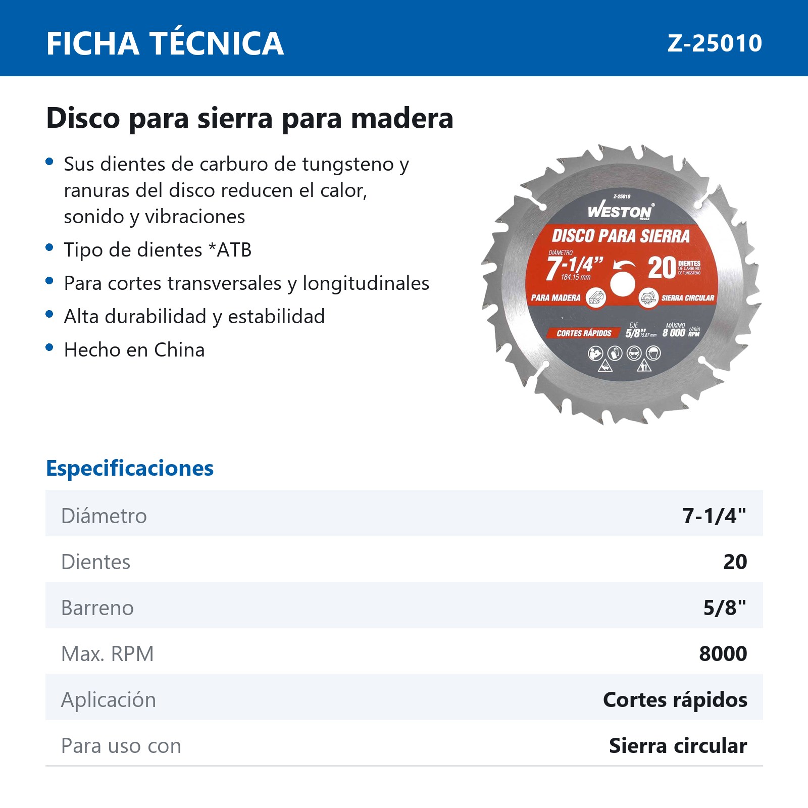 DISCO PARA SIERRA CIRCULAR P/MADERA 7-1/4'' X 5/8'' 20DT - Imagen 4