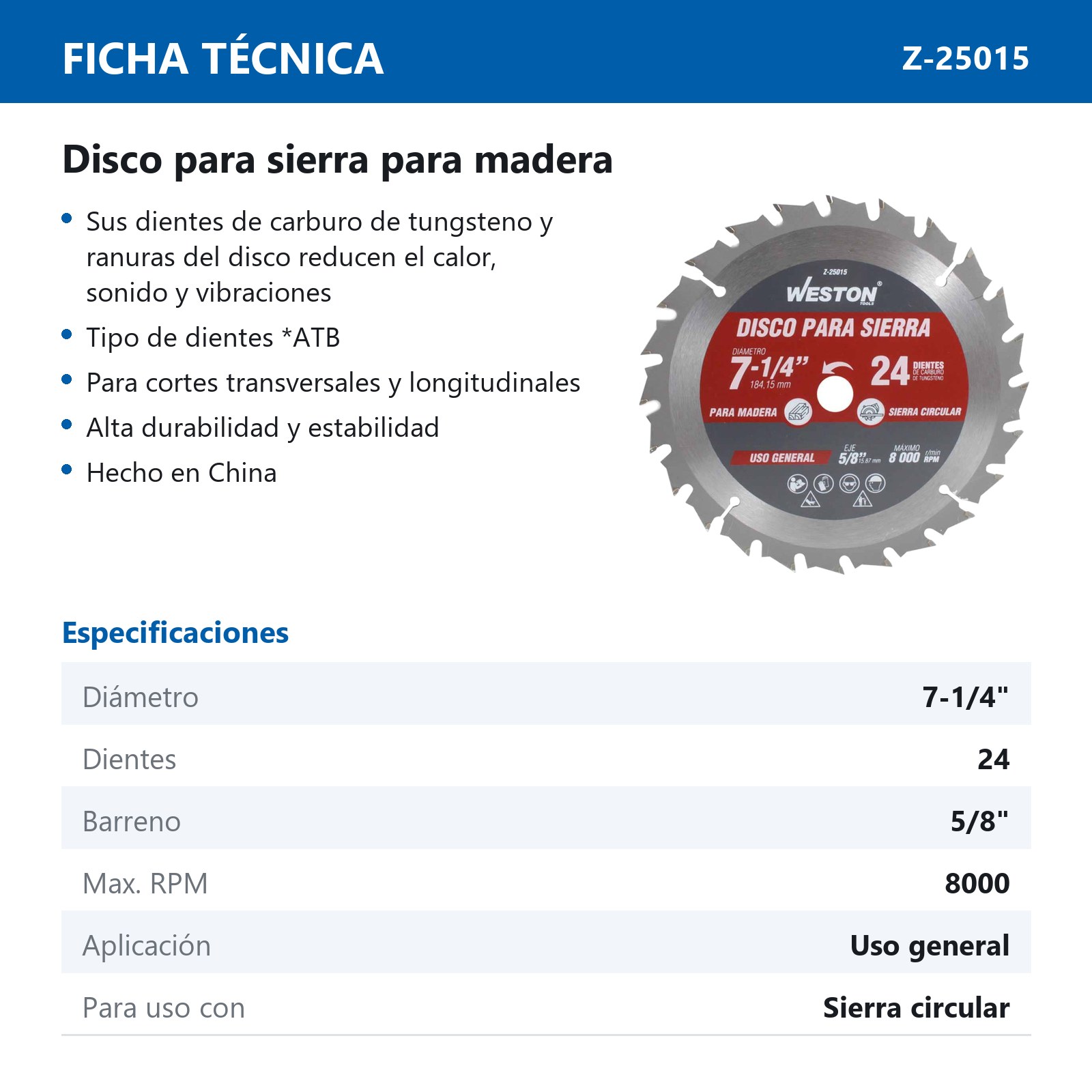 DISCO PARA SIERRA CIRCULAR P/MADERA 7-1/4'' X 5/8'' 24DT - Imagen 4