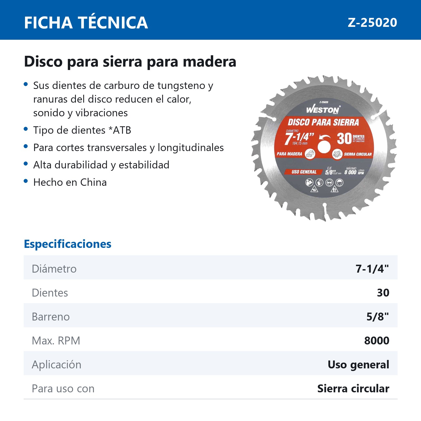 DISCO PARA SIERRA CIRCULAR P/MADERA 7-1/4'' X 5/8'' 30DT - Imagen 4