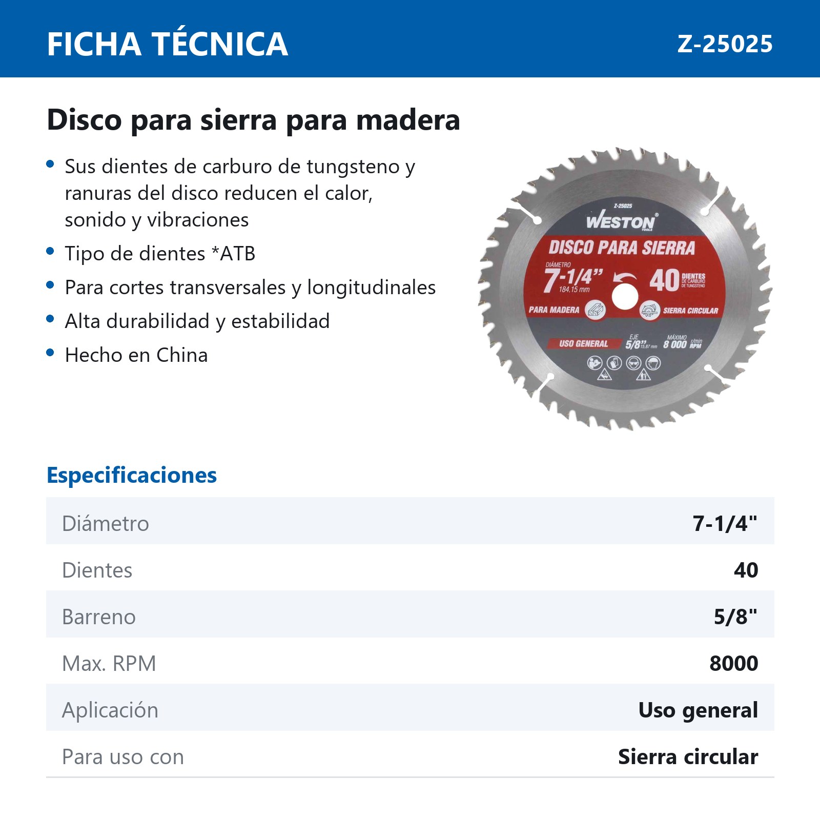DISCO PARA SIERRA CIRCULAR P/MADERA 7-1/4'' X 5/8'' 40DT - Imagen 4