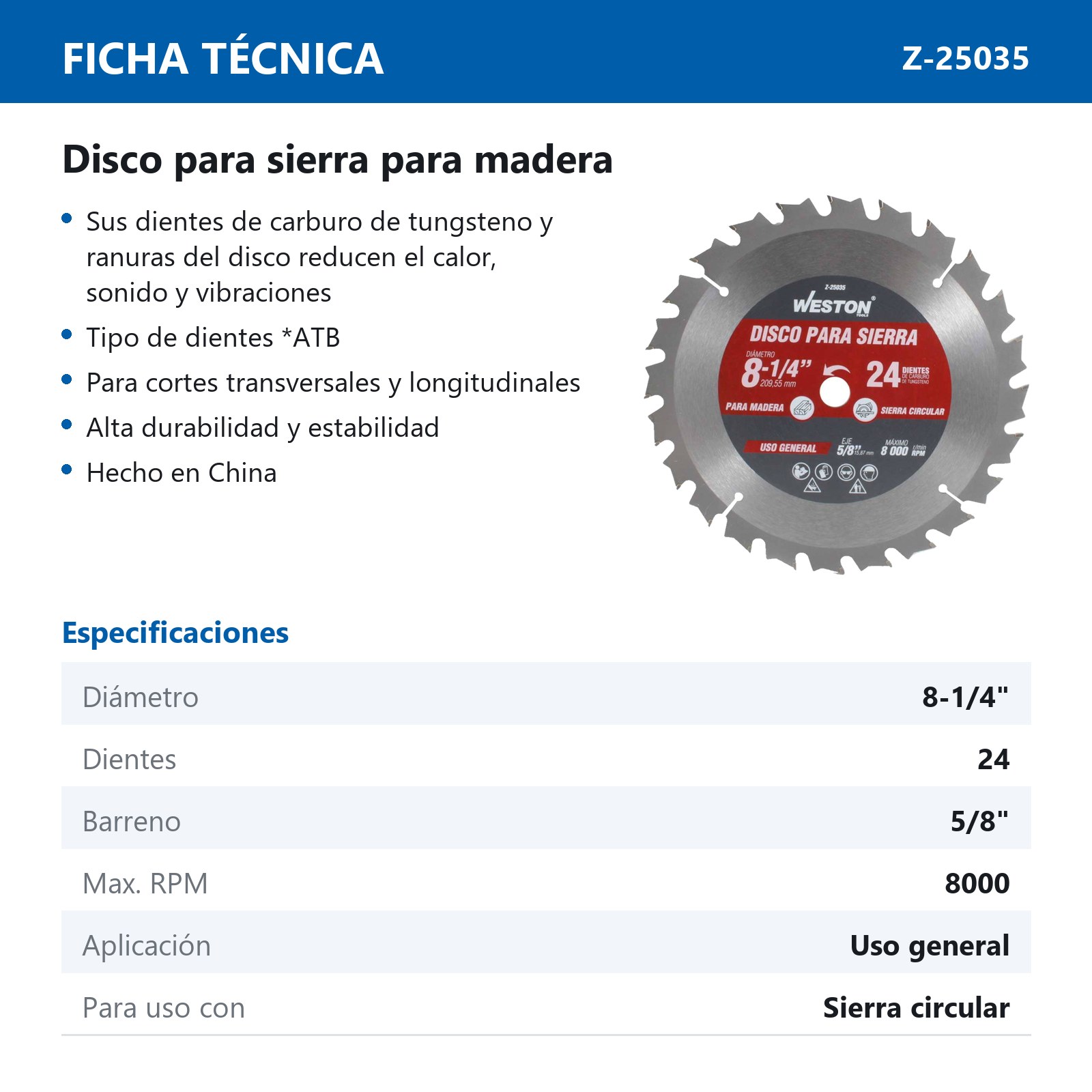 DISCO PARA SIERRA CIRCULAR P/MADERA 8-1/4'' X 5/8'' 24DT - Imagen 4