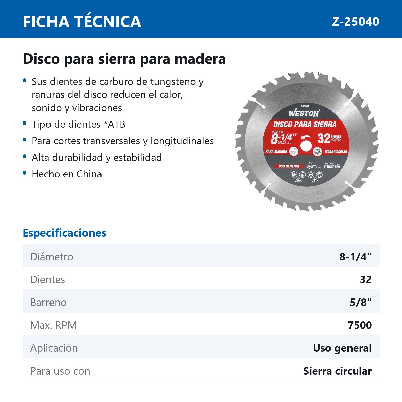 DISCO PARA SIERRA CIRCULAR P/MADERA 8-1/4'' X 5/8'' 32DT - Imagen 4