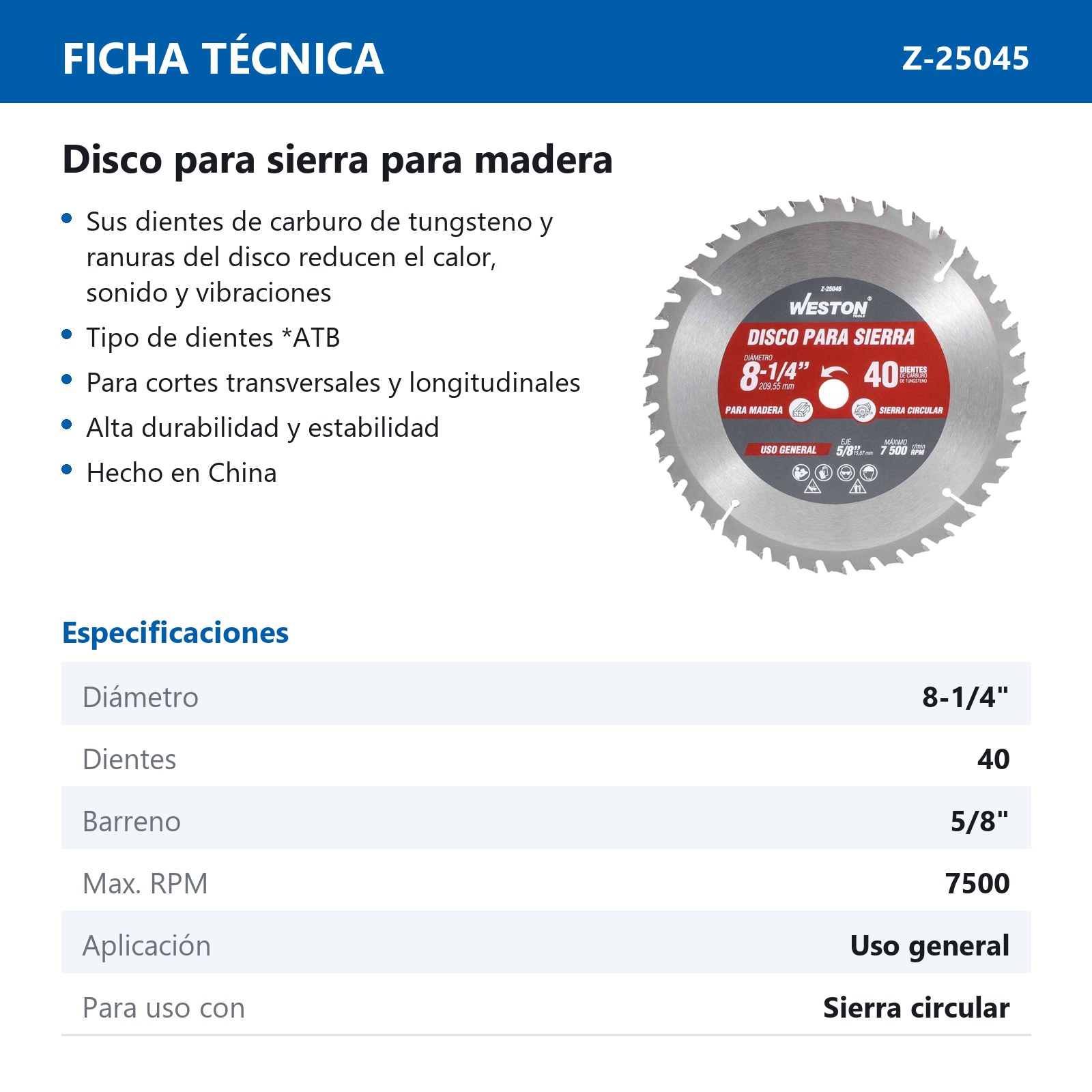 DISCO PARA SIERRA CIRCULAR P/MADERA 8-1/4'' X 5/8'' 40DT - Imagen 4