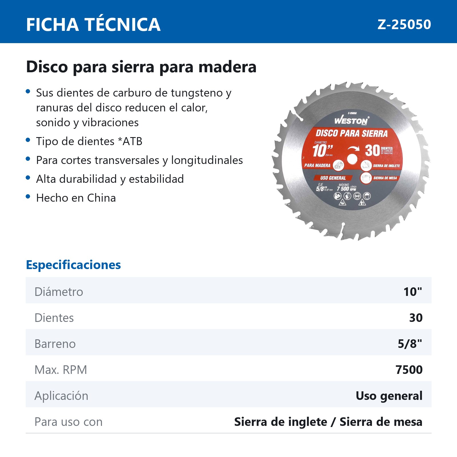 DISCO PARA SIERRA CIRCULAR P/MADERA 10'' X 5/8'' 30DT - Imagen 4