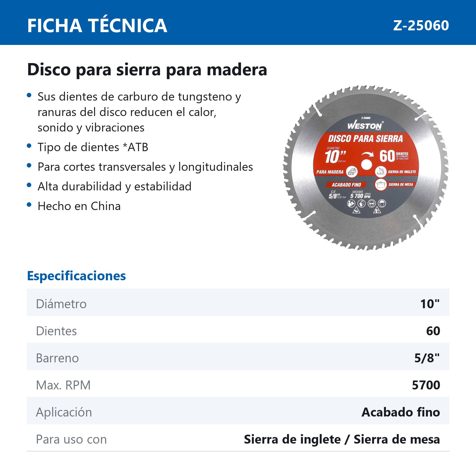 DISCO PARA SIERRA CIRCULAR P/MADERA 10'' X 5/8'' 60DT - Imagen 3