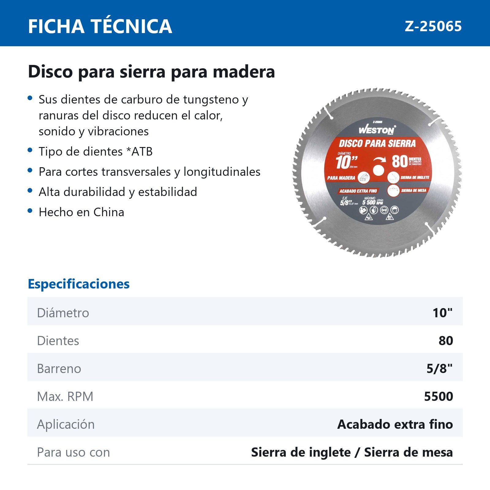 DISCO PARA SIERRA CIRCULAR P/MADERA 10'' X 5/8'' 80DT - Imagen 4