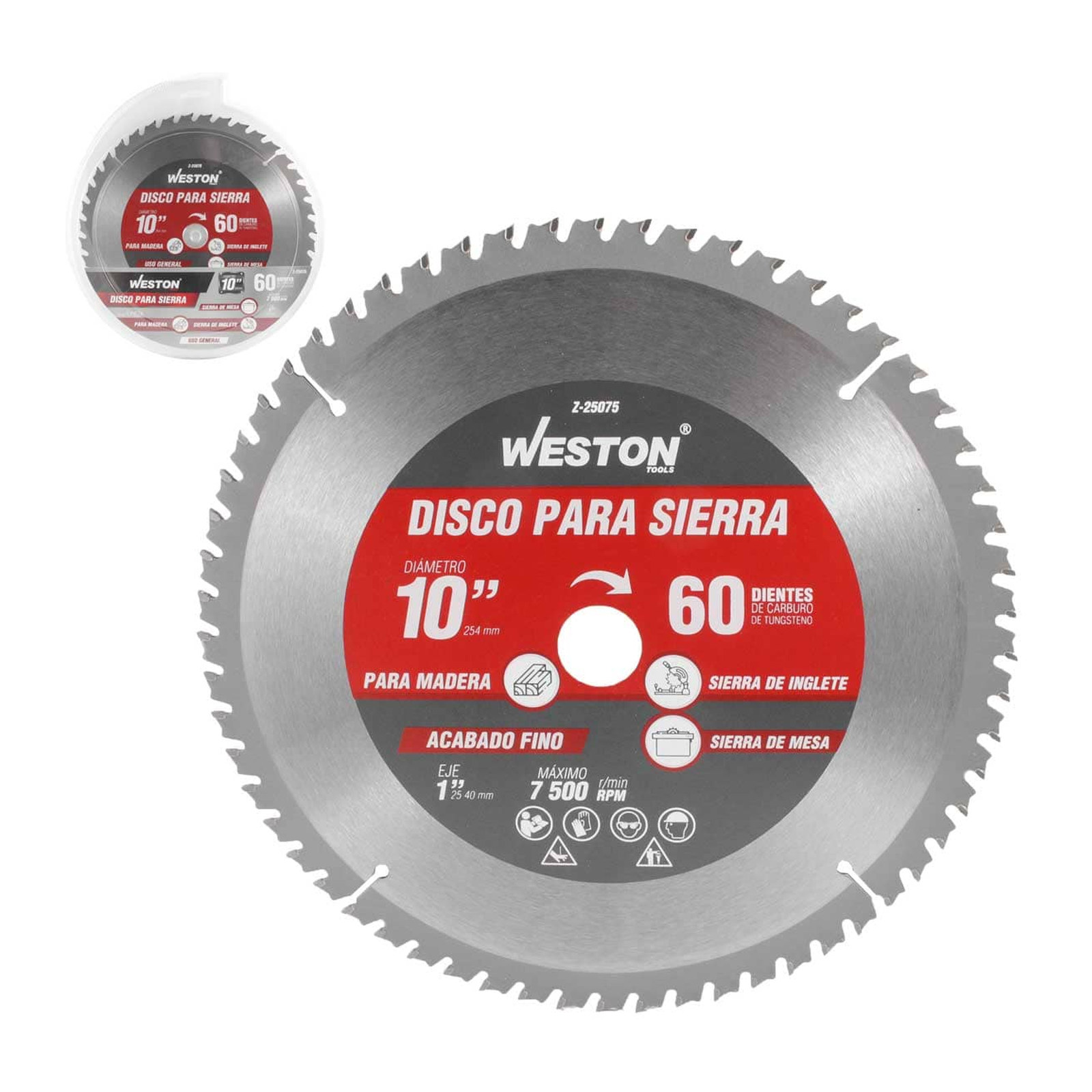Disco para Sierra Circular Weston 10" x 1" 60 Dientes ATB para Madera