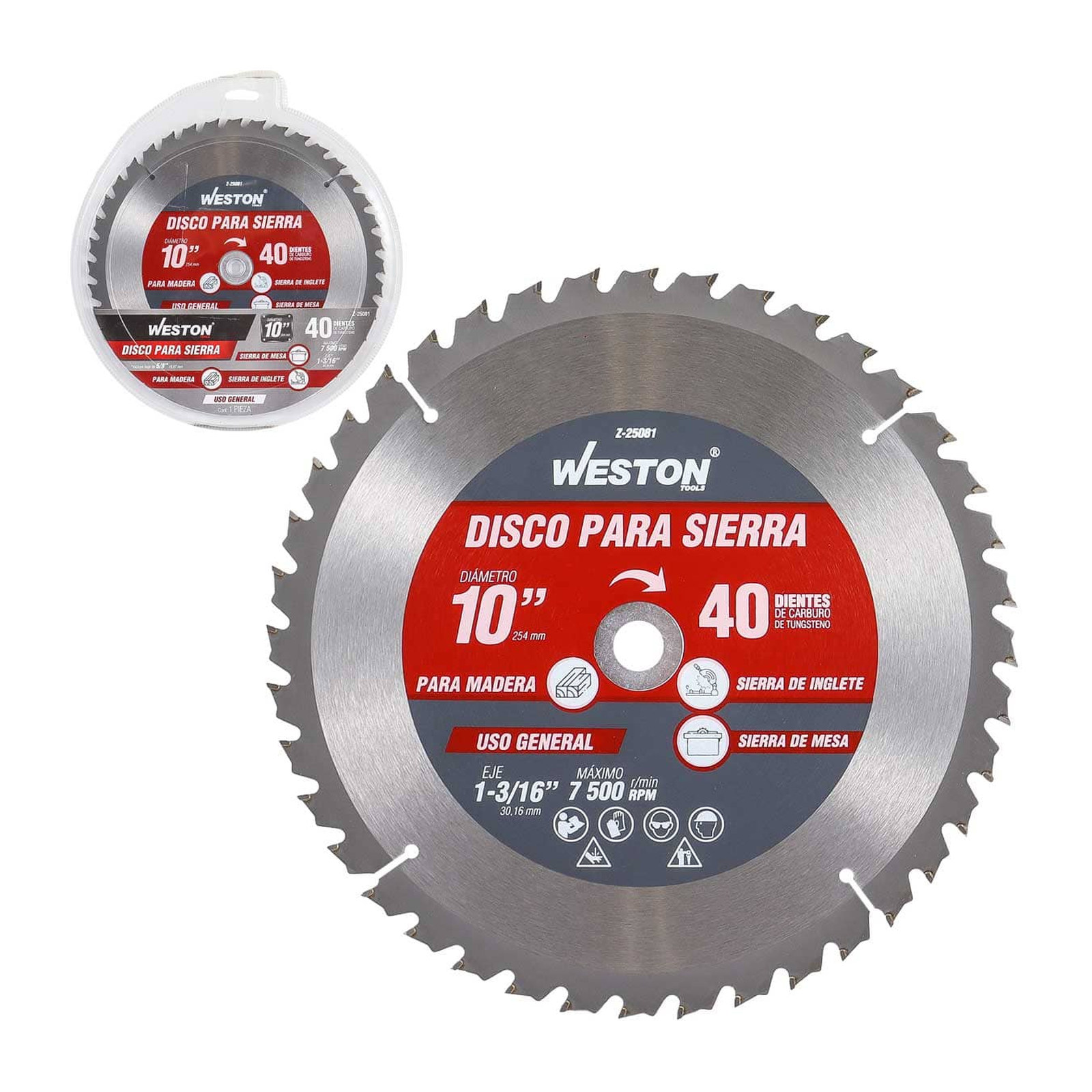 Disco para Sierra Circular Weston 10" x 1-3/16" 40 Dientes con Bujes para Madera