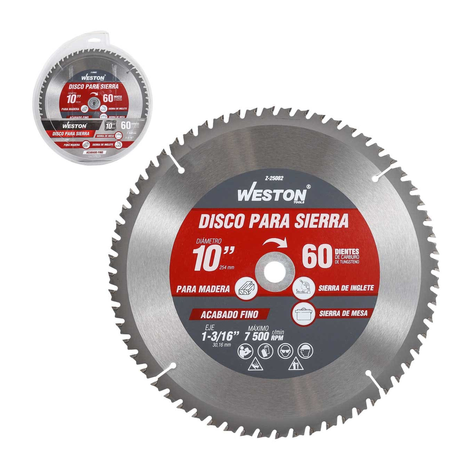 Disco para Sierra Circular Weston 10" x 1-3/16" 60 Dientes con Bujes para Madera