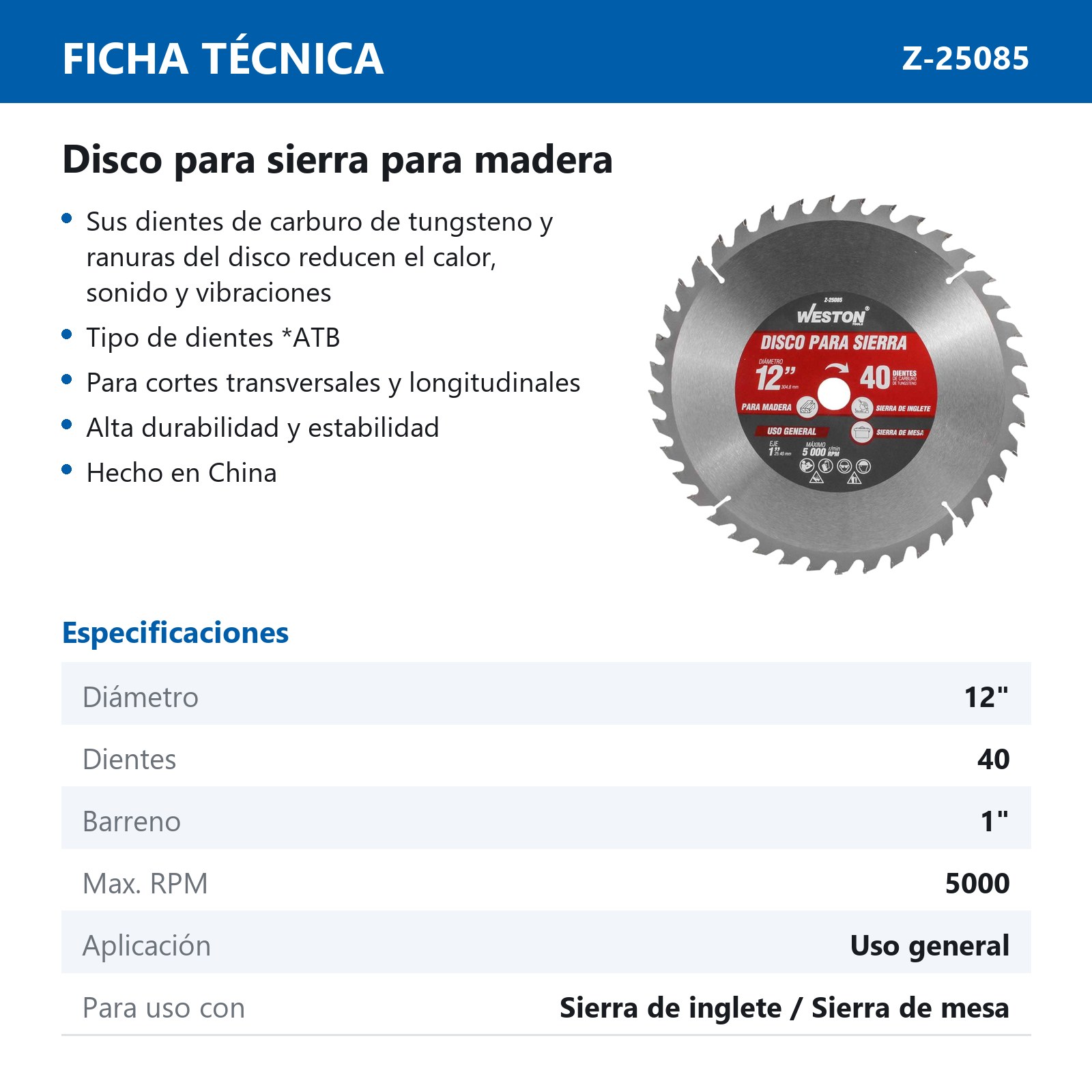 DISCO PARA SIERRA CIRCULAR P/MADERA 12'' X 1'' 40DT - Imagen 4