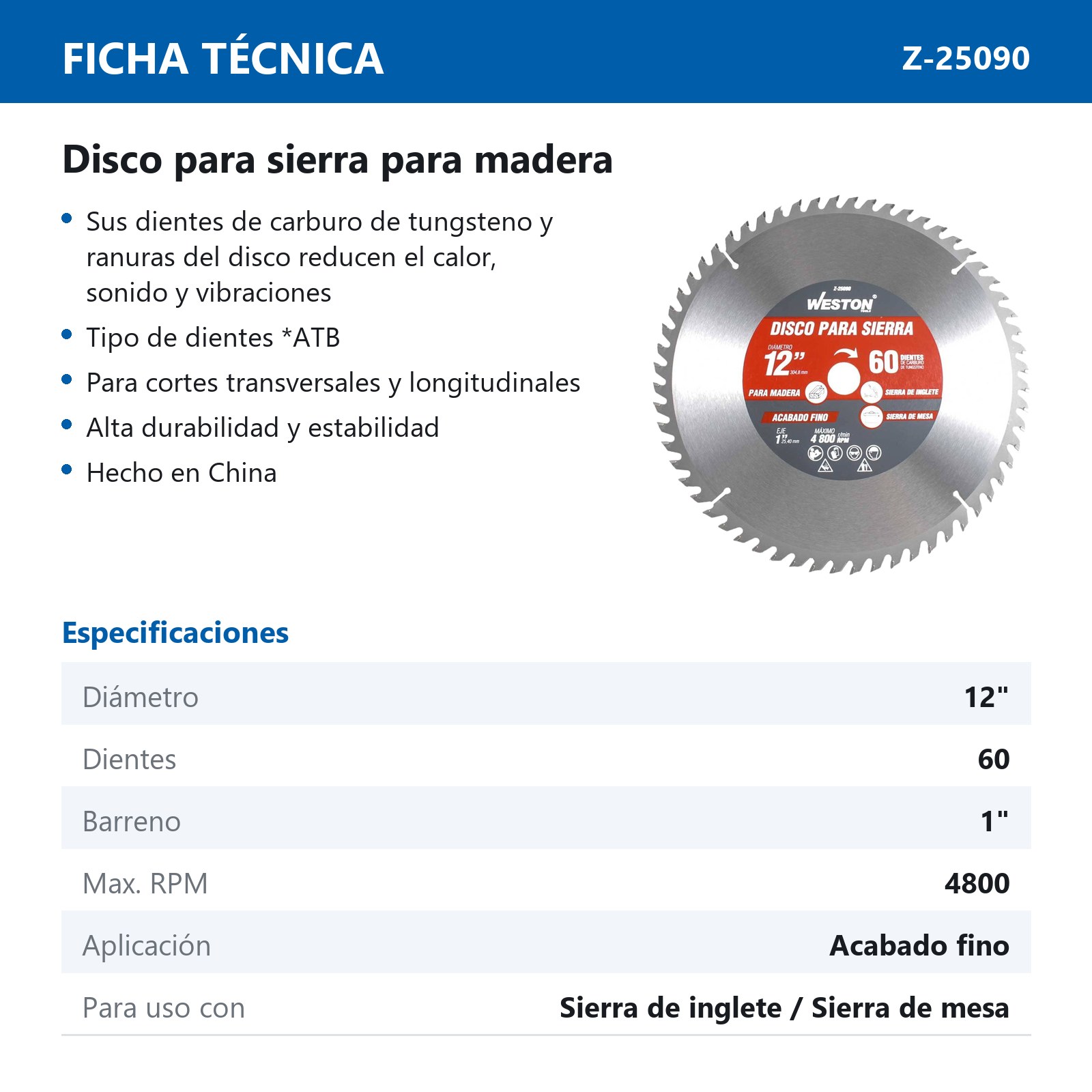 DISCO PARA SIERRA CIRCULAR P/MADERA 12'' X 1'' 60DT - Imagen 4