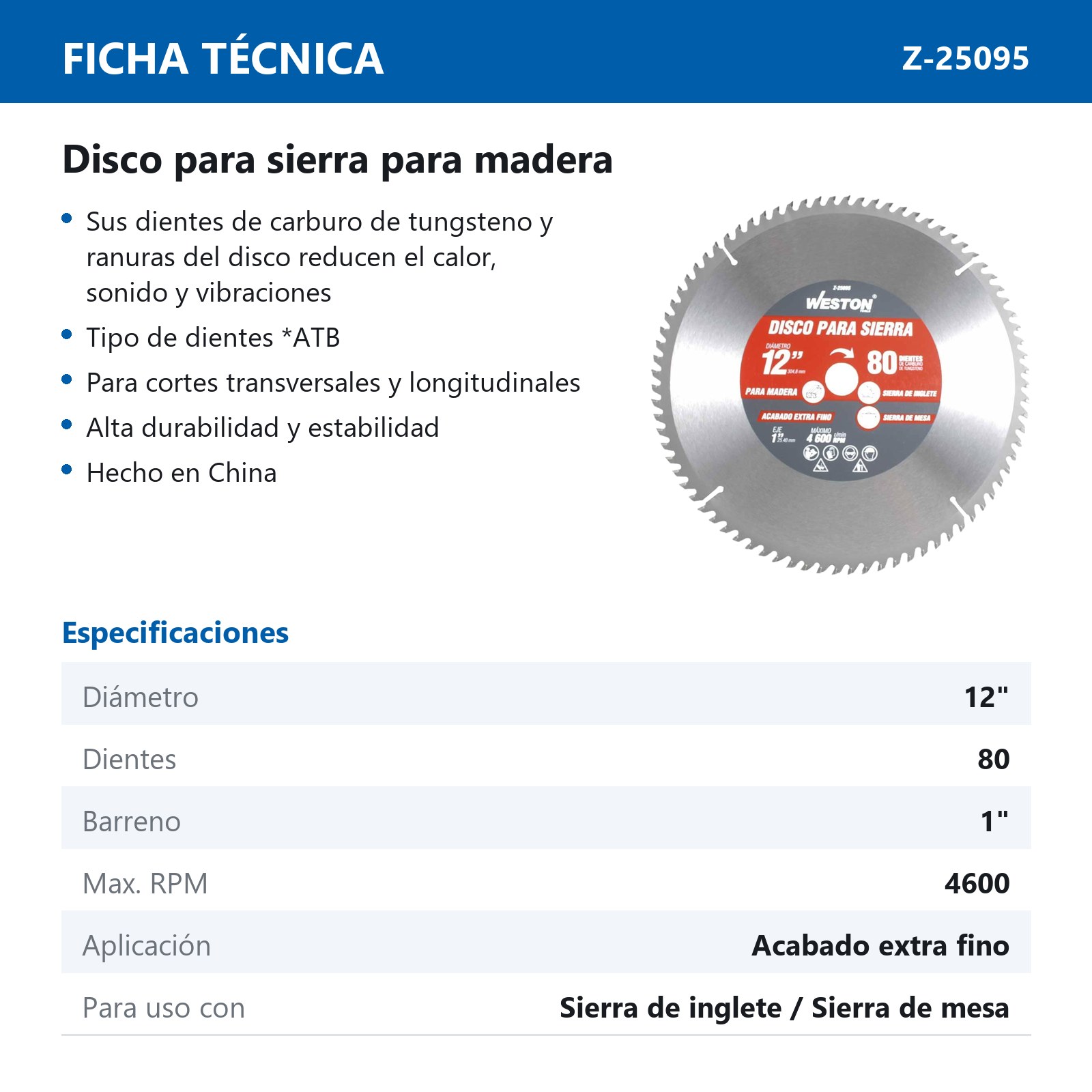 DISCO PARA SIERRA CIRCULAR P/MADERA 12'' X 1'' 80DT - Imagen 4