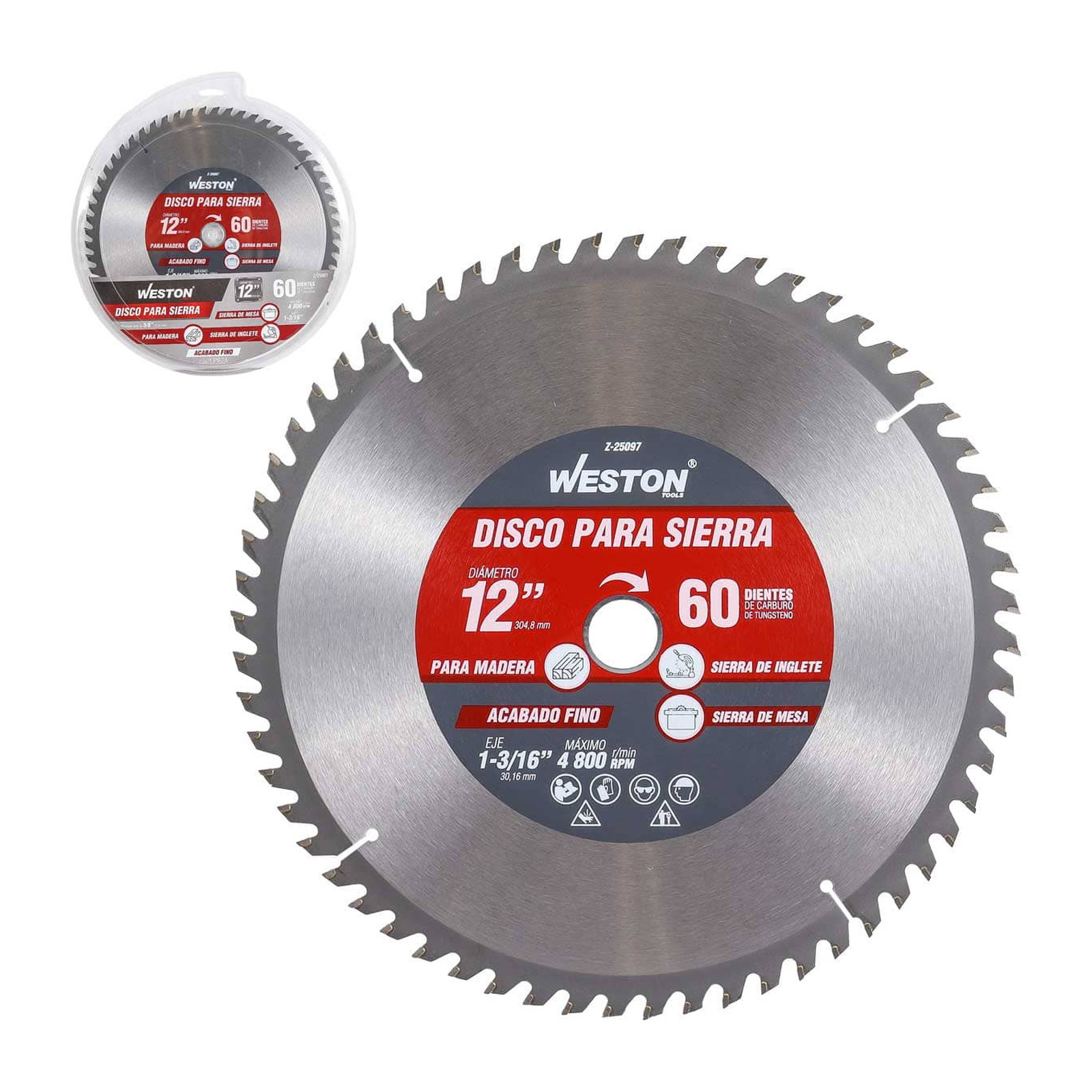Disco para Sierra Circular para Madera 12" x 1-3/16" 60 Dientes con Bujes Weston