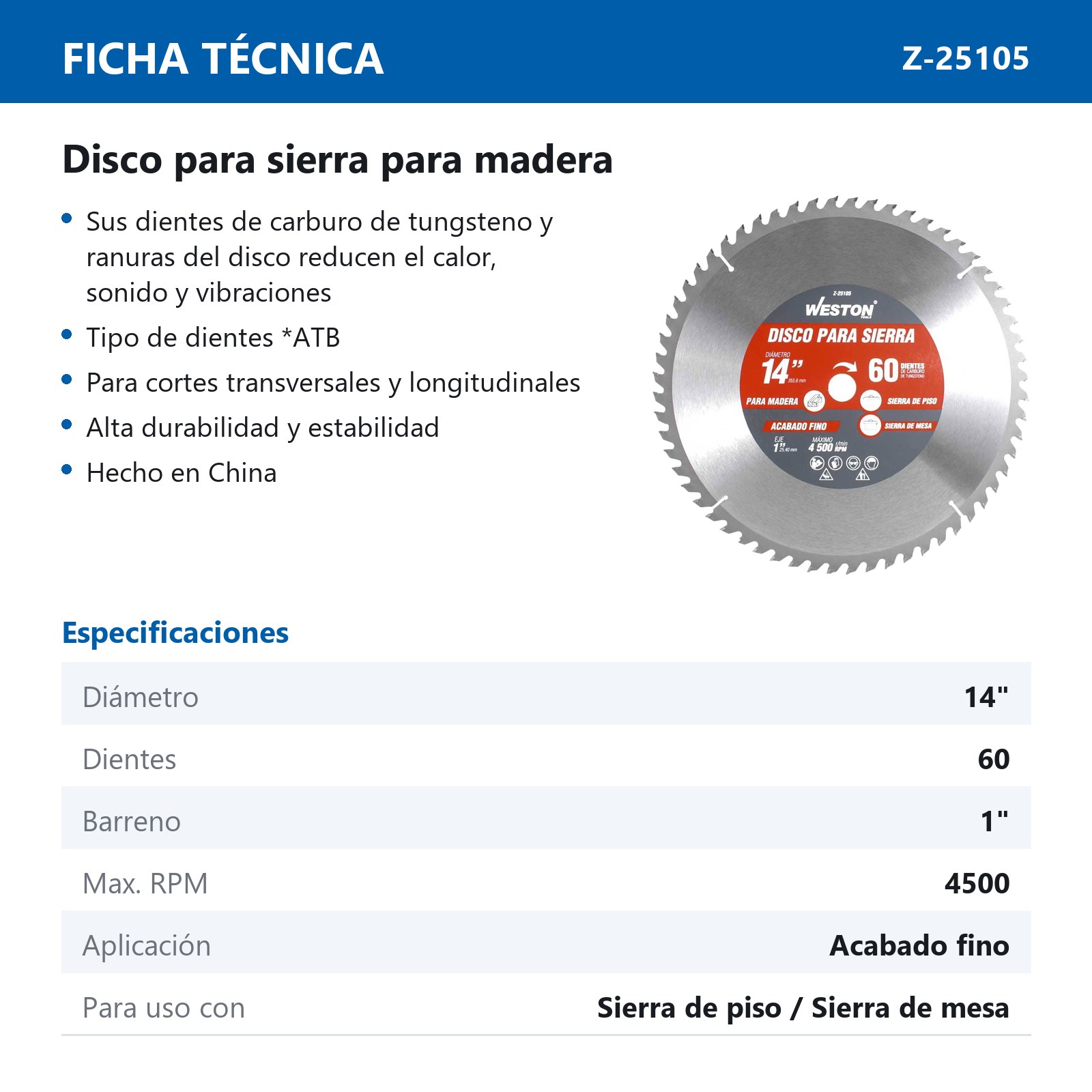 DISCO PARA SIERRA CIRCULAR P/MADERA 14'' X 1'' 60DT - Imagen 4