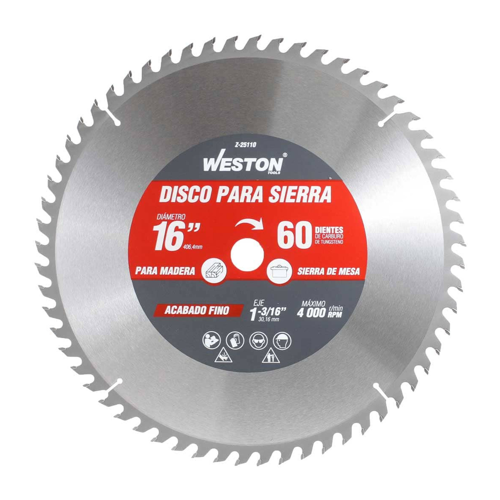 Disco para Sierra Circular Weston para Madera 16" x 1-3/16" 60 Dientes ATB con Buje 25 mm y 1"