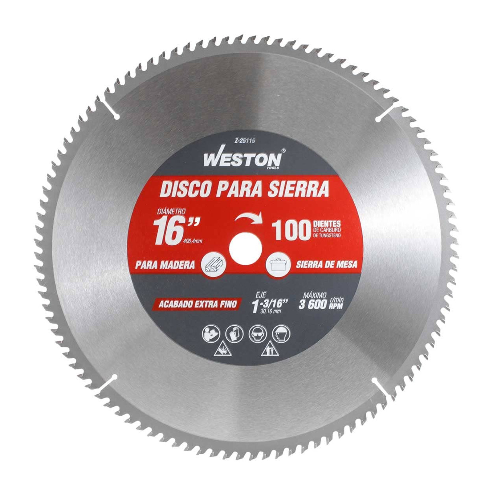 Disco para Sierra Circular Weston 16" x 1-3/16" 100 Dientes ATB para Madera con Buje 25mm y 1"