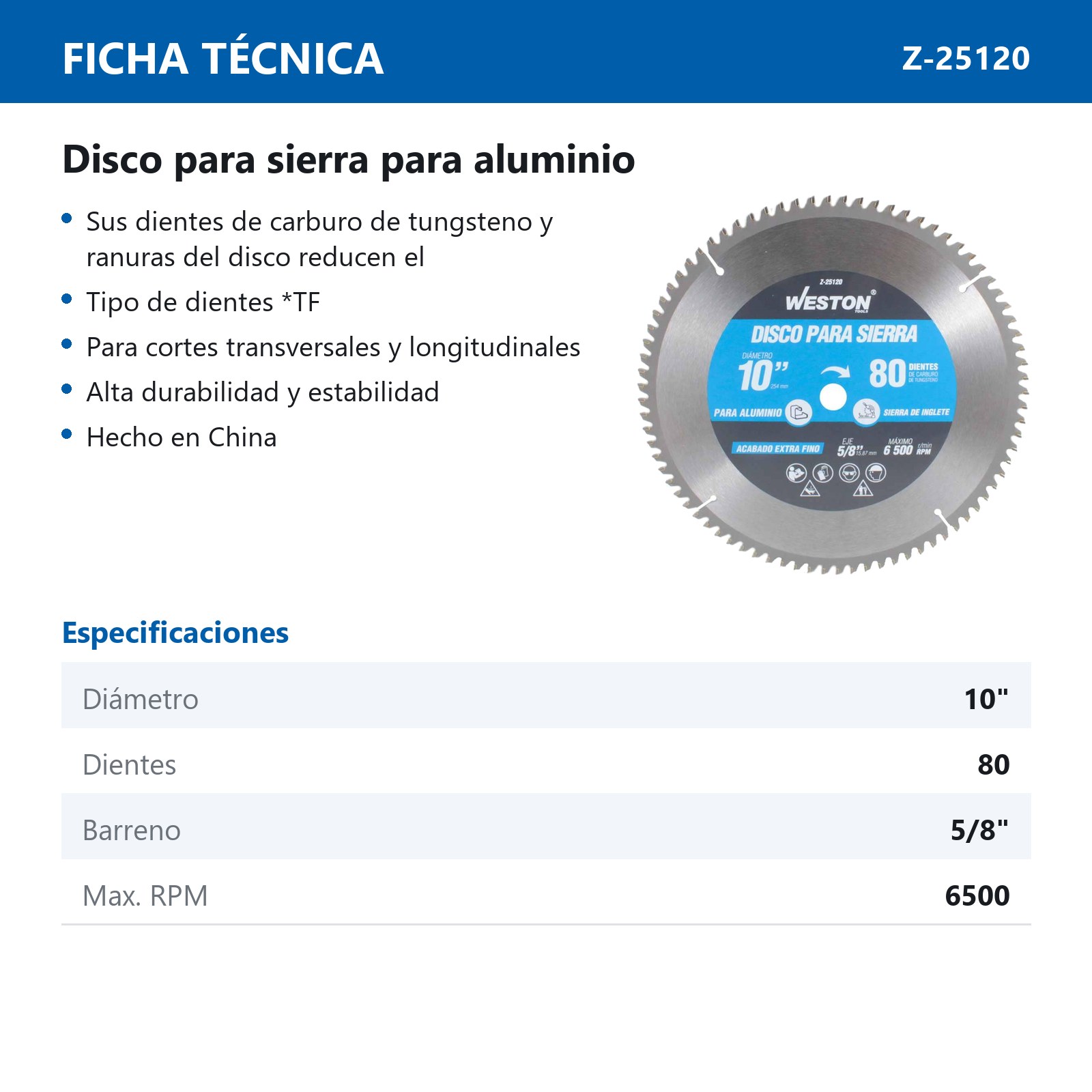 DISCO PARA SIERRA CIRCULAR P/ALUMINIO 10'' X 5/8'' 80DT - Imagen 4