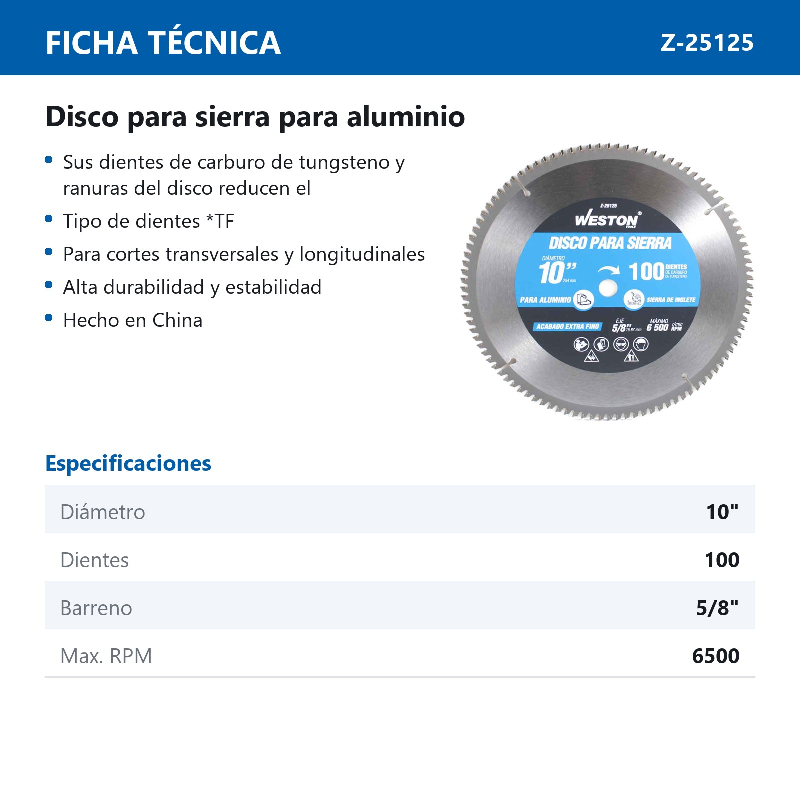 DISCO PARA SIERRA CIRCULAR P/ALUMINIO 10'' X 5/8'' 100DT - Imagen 4