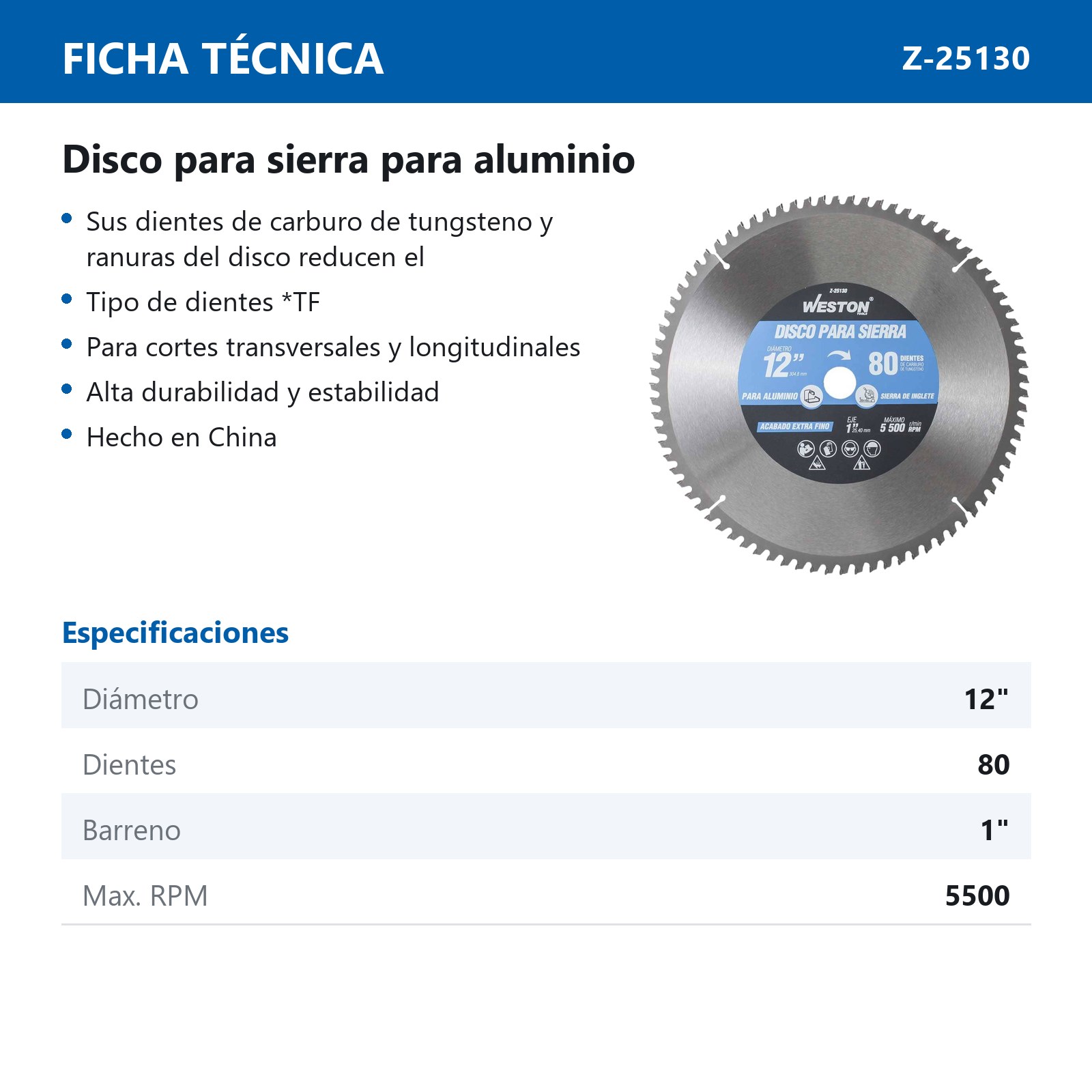 DISCO PARA SIERRA CIRCULAR P/ALUMINIO 12'' X 1'' 80DT - Imagen 4