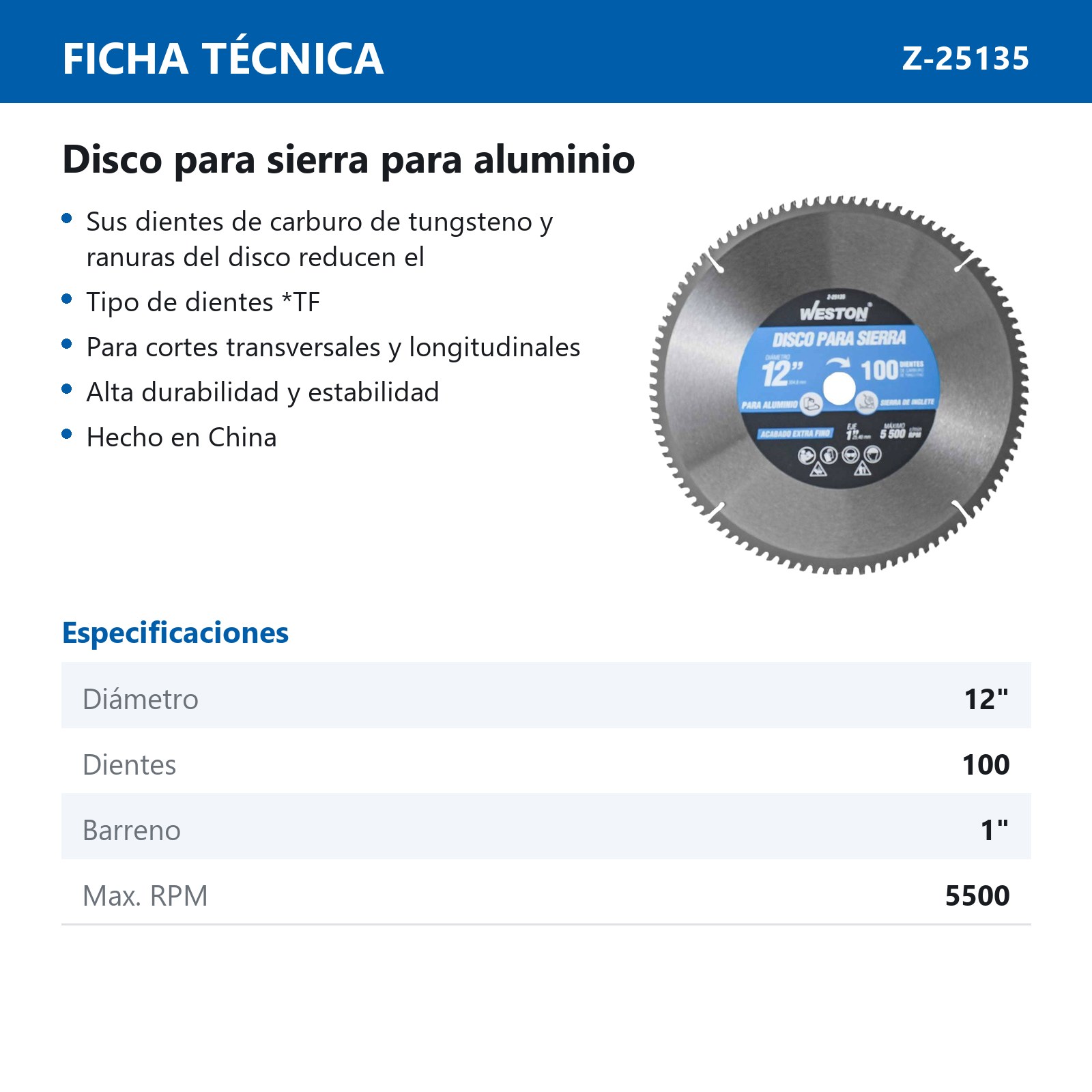 DISCO PARA SIERRA CIRCULAR P/ALUMINIO 12'' X 1'' 100DT - Imagen 4