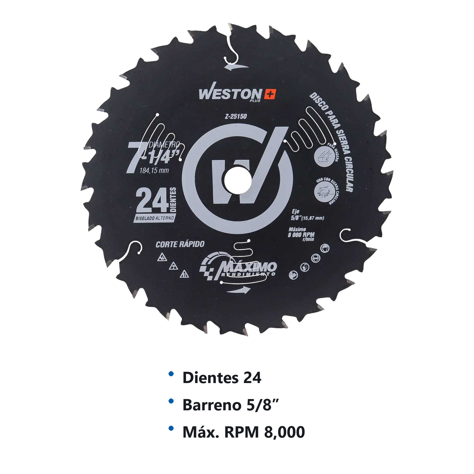 DISCO PARA SIERRA CIRCULAR P/MADERA CORTE RAPIDO 7-1/4'' X 5/8'' 24DT - Imagen 4