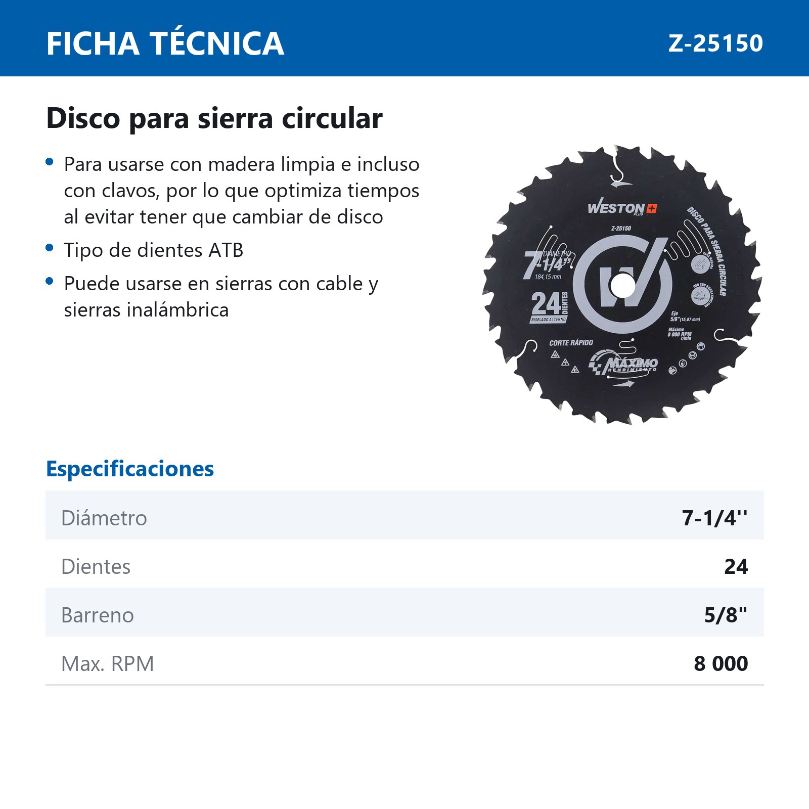 DISCO PARA SIERRA CIRCULAR P/MADERA CORTE RAPIDO 7-1/4'' X 5/8'' 24DT - Imagen 4