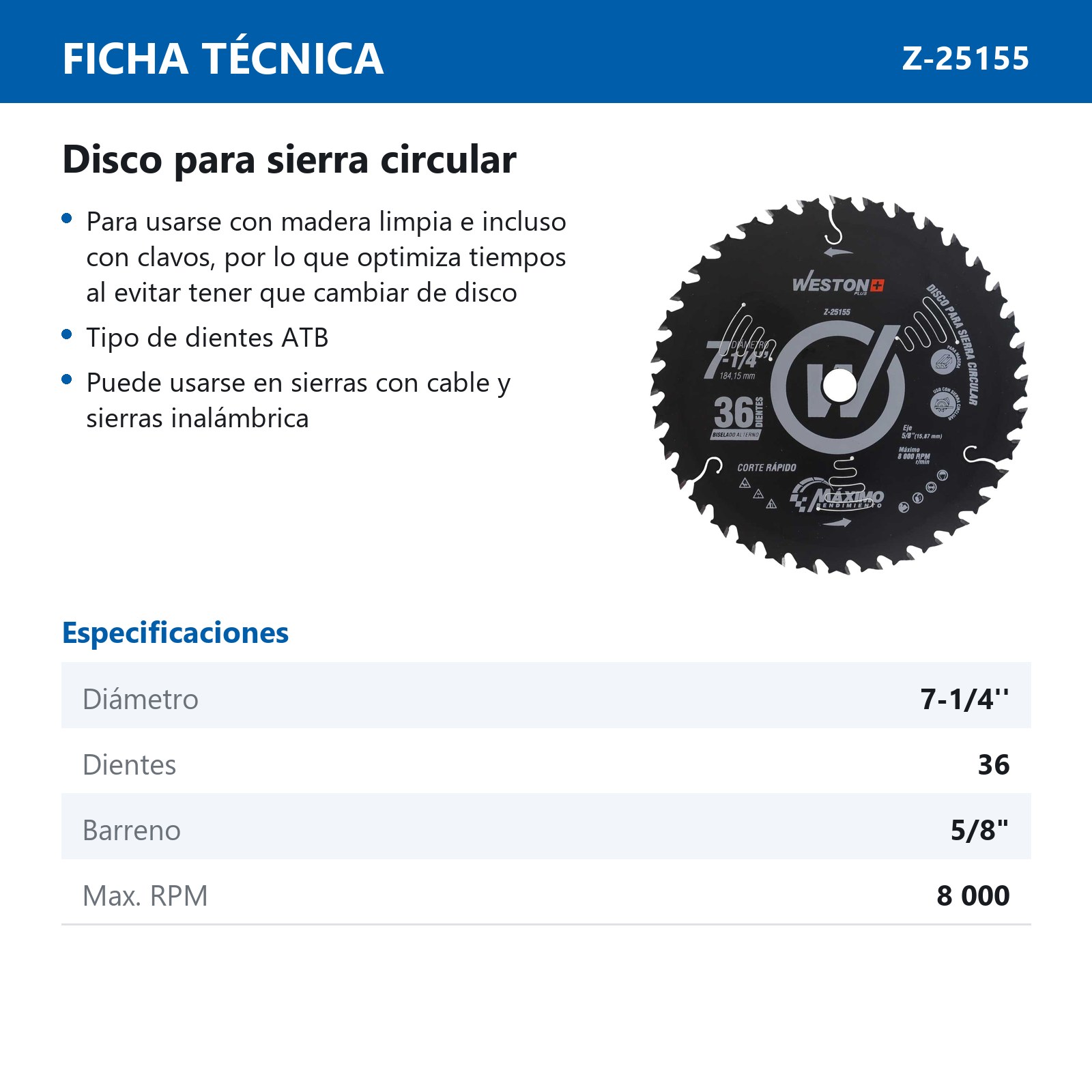 DISCO PARA SIERRA CIRCULAR P/MADERA CORTE RAPIDO 7-1/4'' X 5/8'' 36DT - Imagen 4