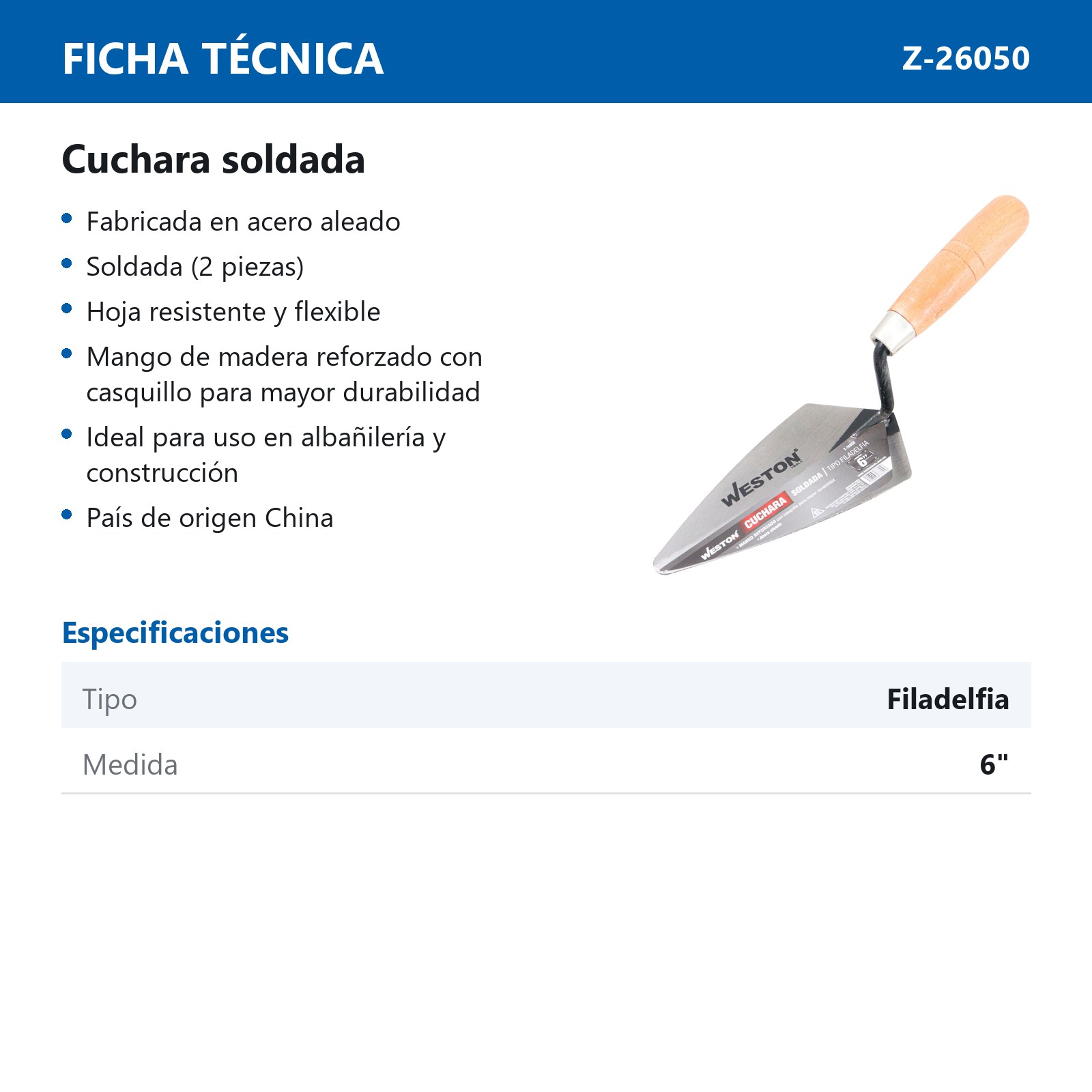 CUCHARA SOLDADA TIPO FILADELFIA 6" MANGO D/MADERA - Imagen 4